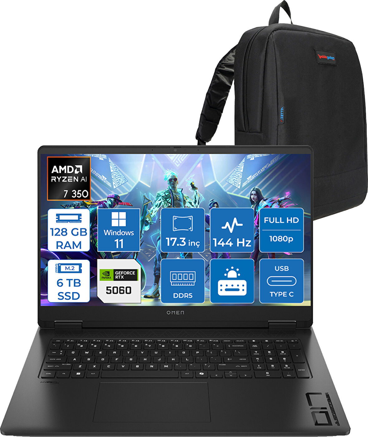 Hp Omen 17-DB1015NT Amd Ryzen Aı 7 350 128GB Ddr5 6tb SSD RTX5060 8gb Gddr7 17.3 Inç Fullhd (1920 x 1080) 144Hz 7ms 300NITS IPS Windows 11 Home Taşınabilir Bilgisayar C2EZ5EAH53 + Zetta Çanta