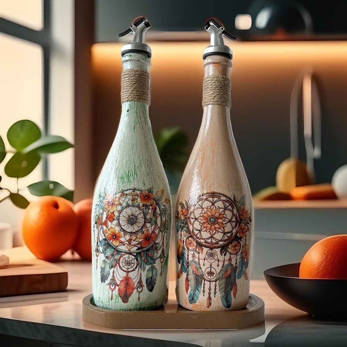 Özel Tasarım Düşkapanı Desenli Sunum Stantlı 2'li 750 ml Zeytinyağı Sıvıyağ Şişesi Yağdanlık Yağlık