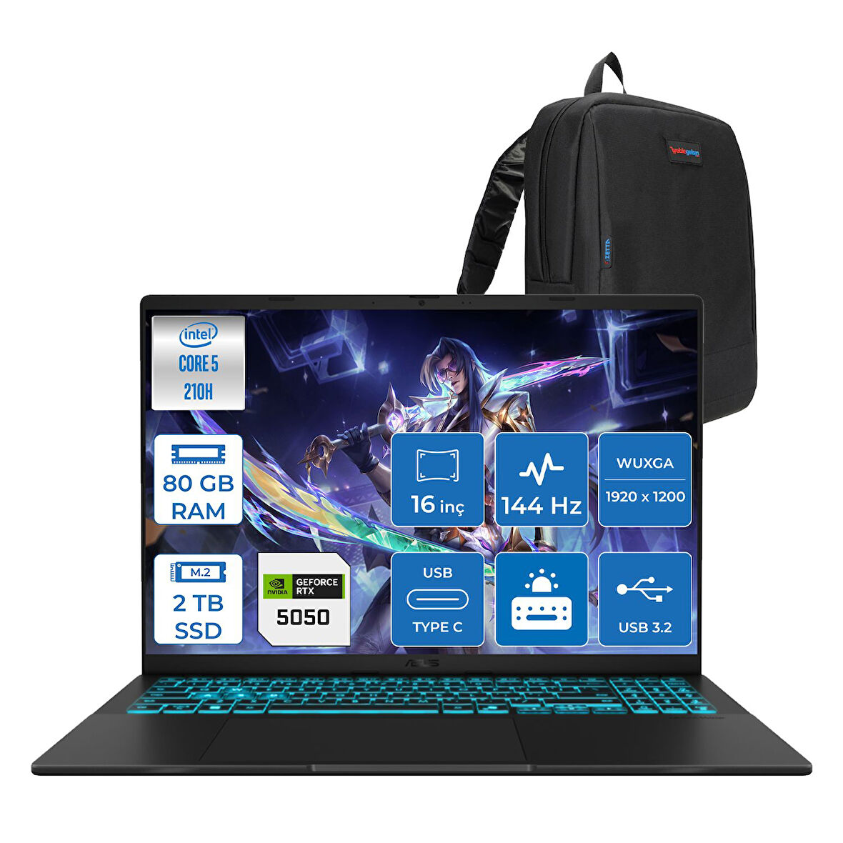 Asus Vivobook 16 V3607VH Intel Core 5 210H 80GB Ddr5 2tb SSD RTX5050 Gddr7 8gb Freedos 16" WUXGA(1920X1200) 144HZ 300NITS Taşınabilir Bilgisayar RP075F34 + Zetta Çanta