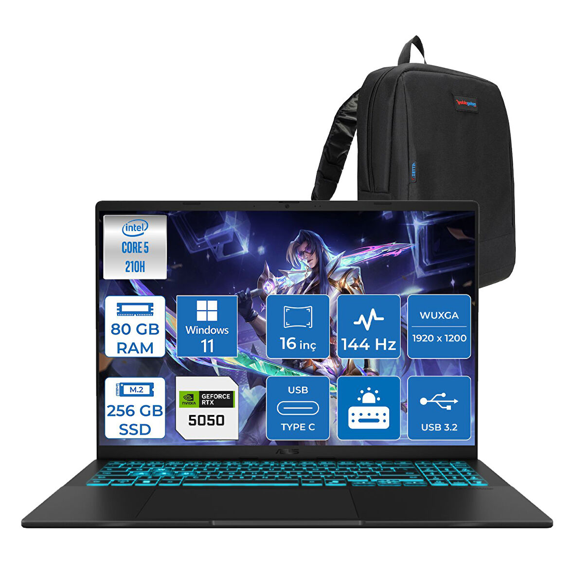 Asus Vivobook 16 V3607VH Intel Core 5 210H 80GB Ddr5 256GB SSD RTX5050 Gddr7 8gb Windows 11 Pro 16" WUXGA(1920X1200) 144HZ 300NITS Taşınabilir Bilgisayar RP075P31 + Zetta Çanta