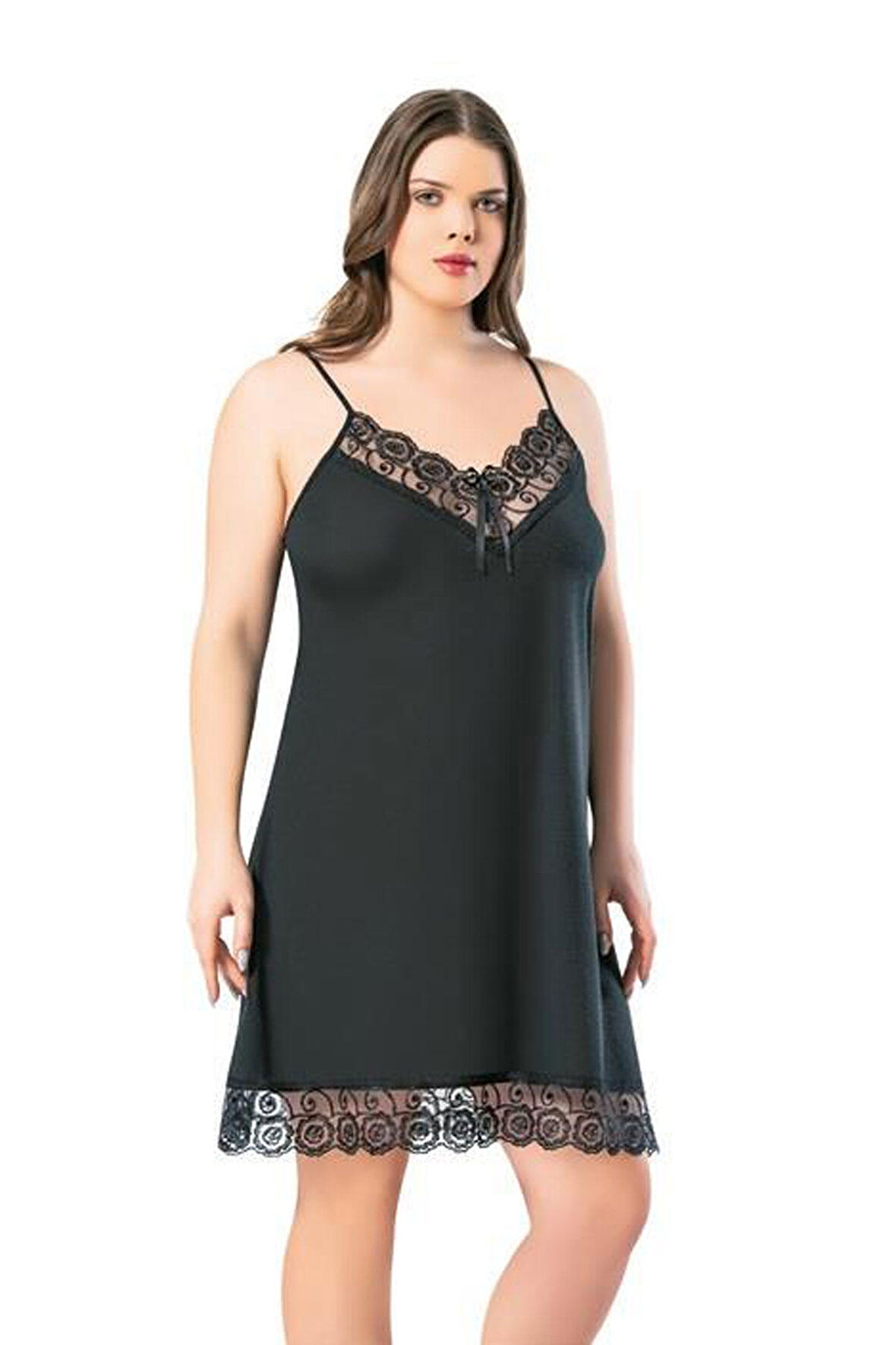 İp Askılı Yaka ve Etek Dantelli Viskon Kadın Battal Gecelik 6210