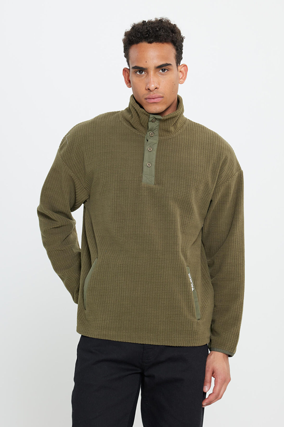 Erkek Haki Loose Fit Bato Yaka Desenli Polar
