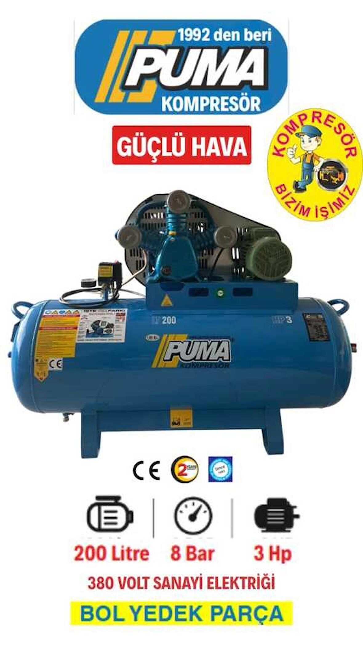 Puma 200 lt HAVA KOMPRESÖRÜ 3 HP 3 PİSTON 8 BAR DÖKÜM KAFA YAĞLI
