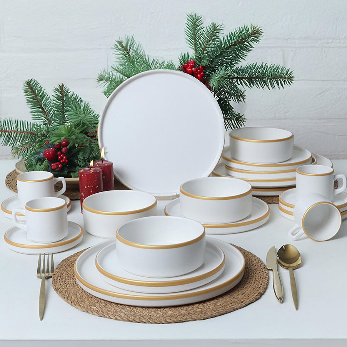 Keramika Mat Beyaz Gold Fileli Stackable Yemek / Kahvaltı Takımı 20 Parça 4 Kişilik 