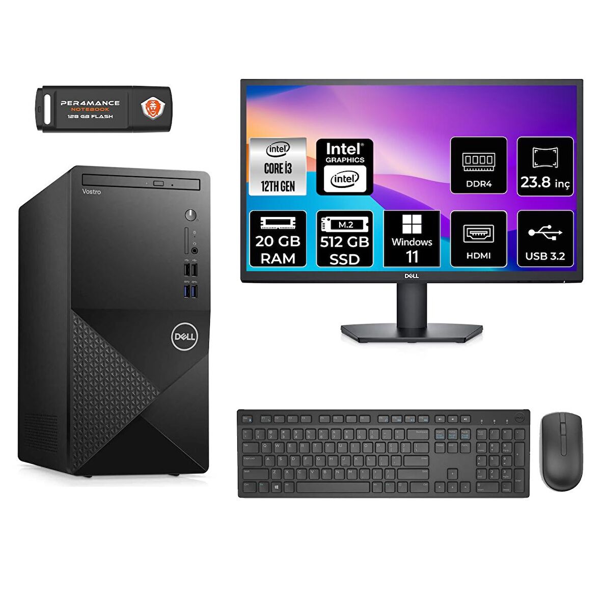 Dell Vostro 3910MT i3 12100 20GB 512GB SSD W11P N3563VDT3910 MASAÜSTÜ PC & 23.8" MONİTÖR
