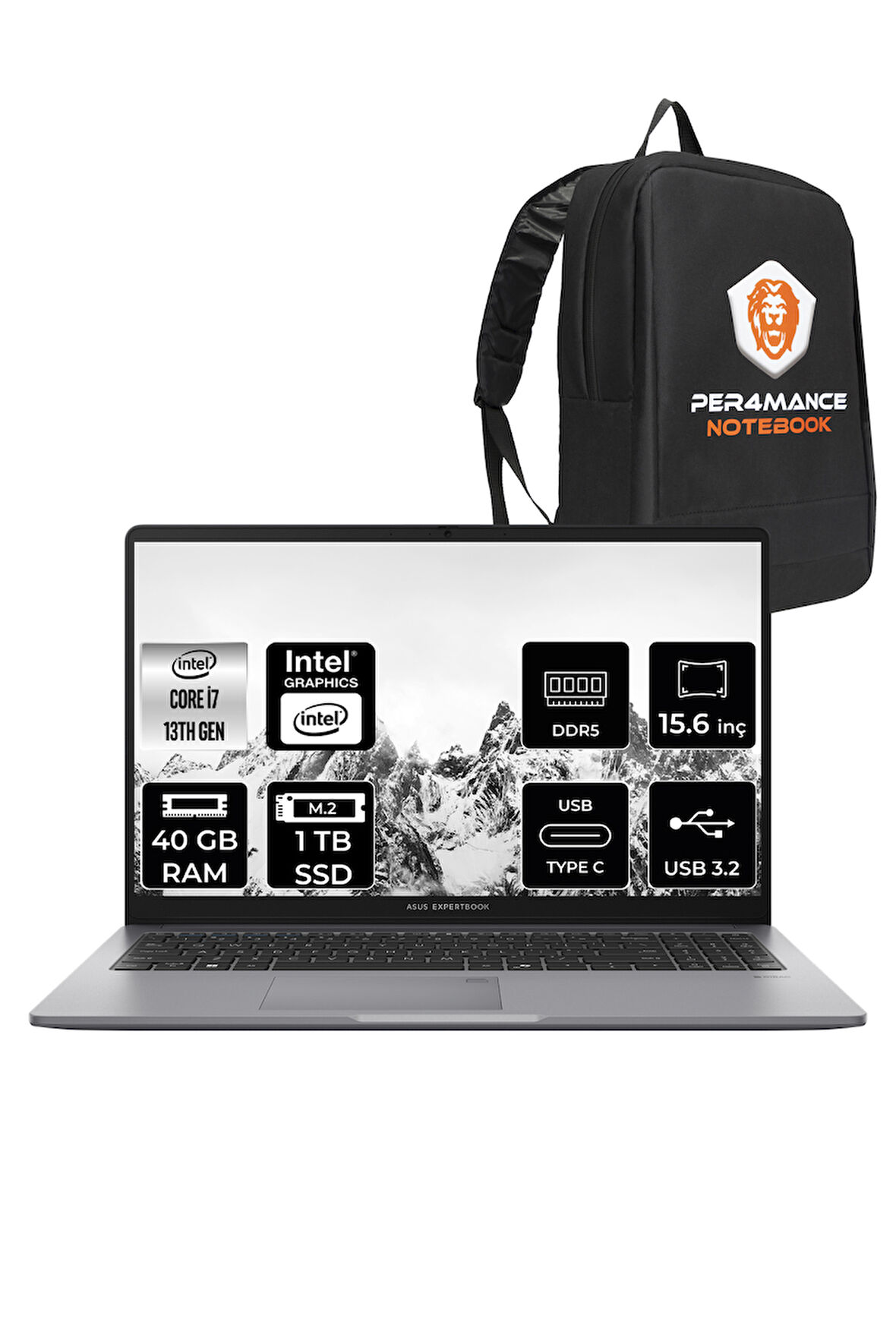 Asus ExpertBook P1 Intel Core i7 13620H 40GB 1TB SSD 15.6" FHD FDOS Taşınabilir Bilgisayar & PER4 Çanta
