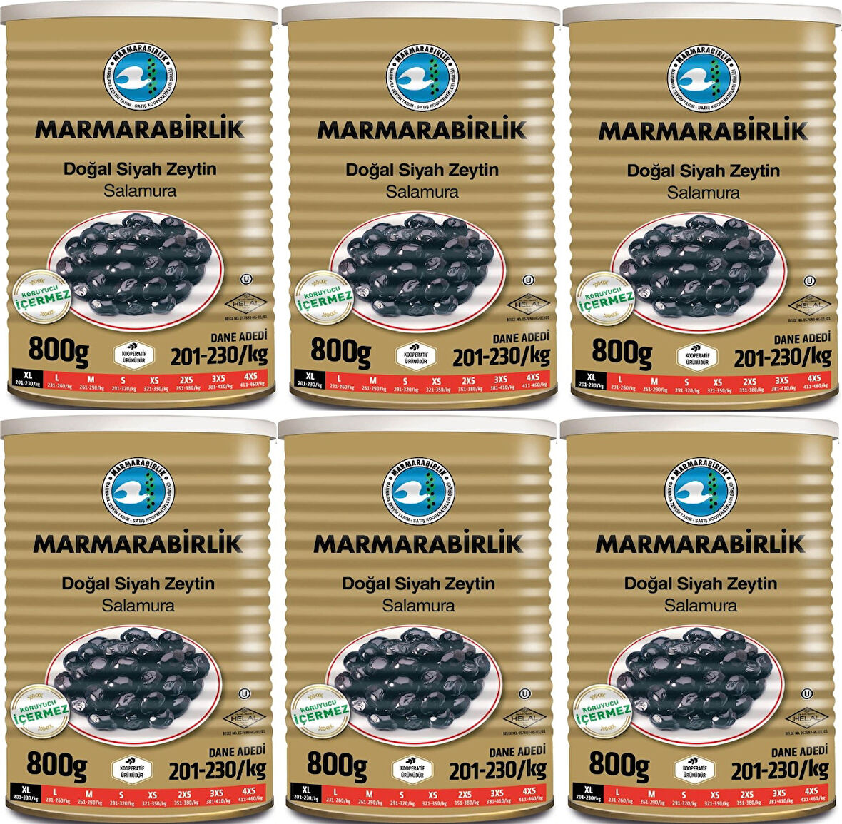 Marmarabirlik Doğal Salamura 201-230 KB XL Siyah Zeytin Teneke 6 x 800 G