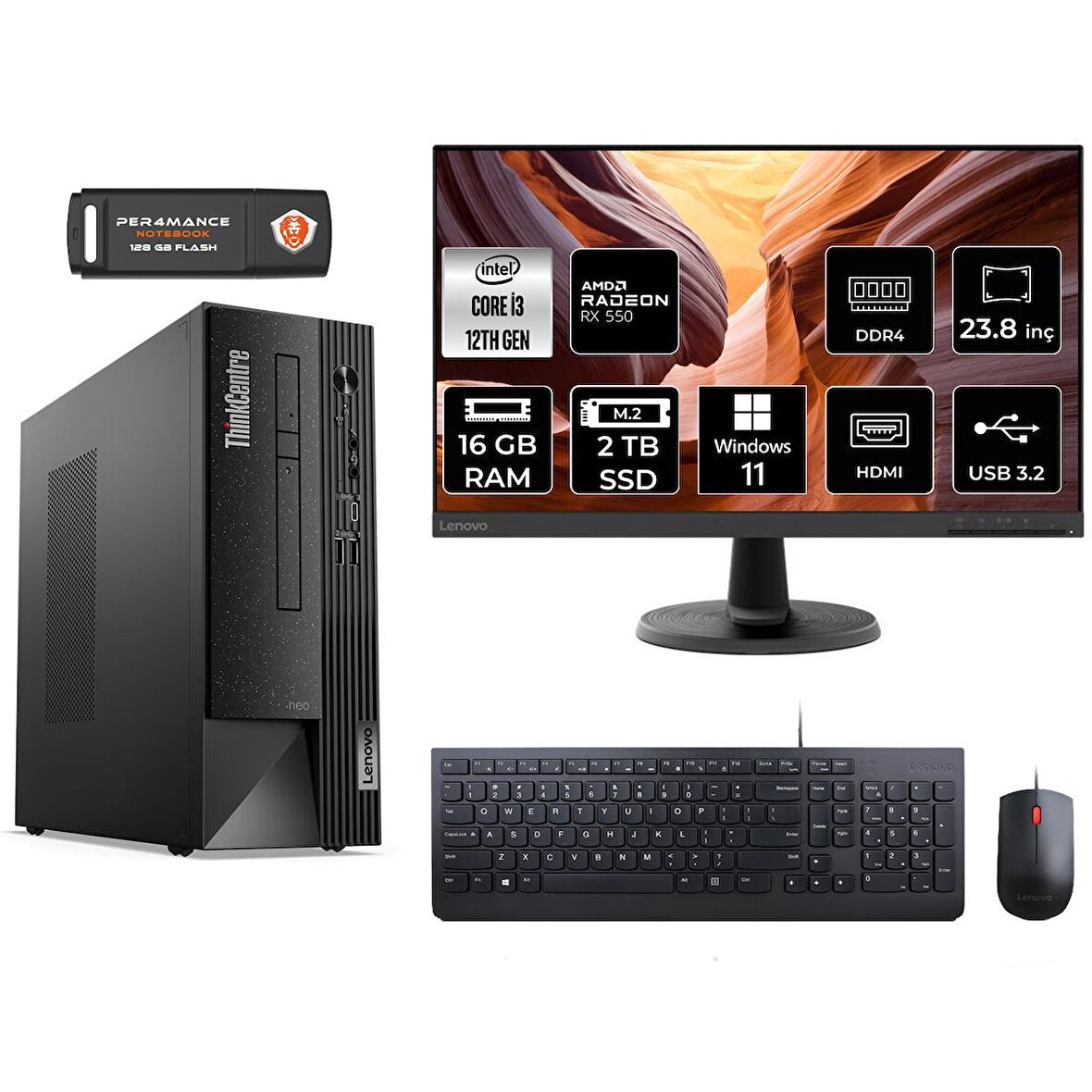 Lenovo ThinkCentre Neo 50S i3 12100 16GB 2TB SSD RX550/4GB W11H 11SX002VTX MASAÜSTÜ PC & 23.8" MONİTÖR