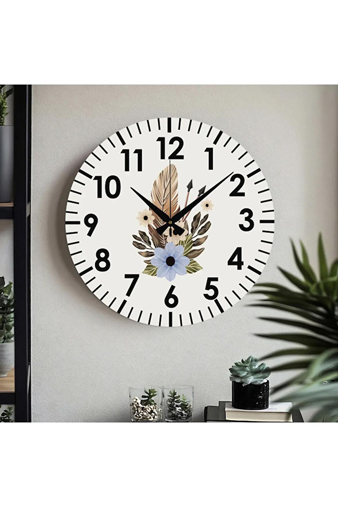 Çiçek desenli Dekoratif Türkçe Rakamlı UV Baskılı Duvar Saati (Sessiz) Akar Mekanizma Metal Akrep