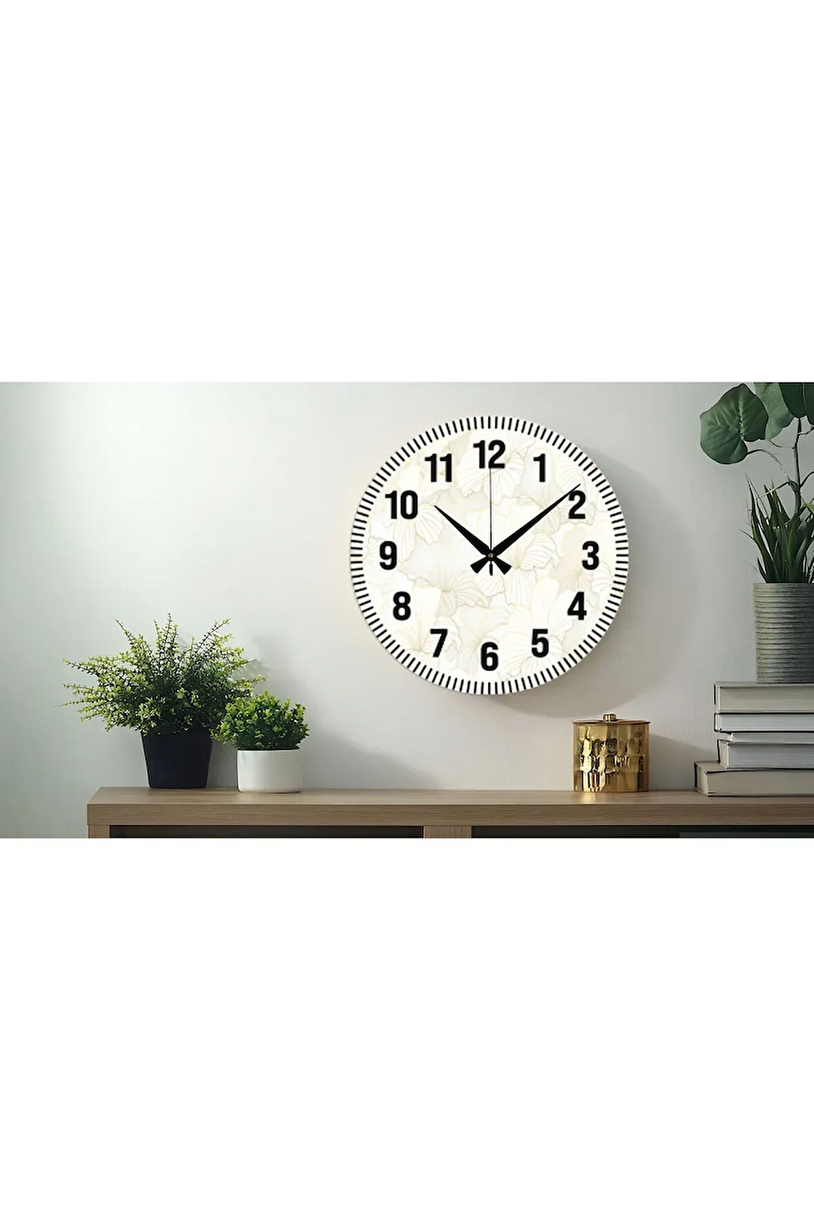 Çiçek desenli Dekoratif Türkçe Rakamlı UV Baskılı Duvar Saati (Sessiz) Akar Mekanizma Metal Akrep