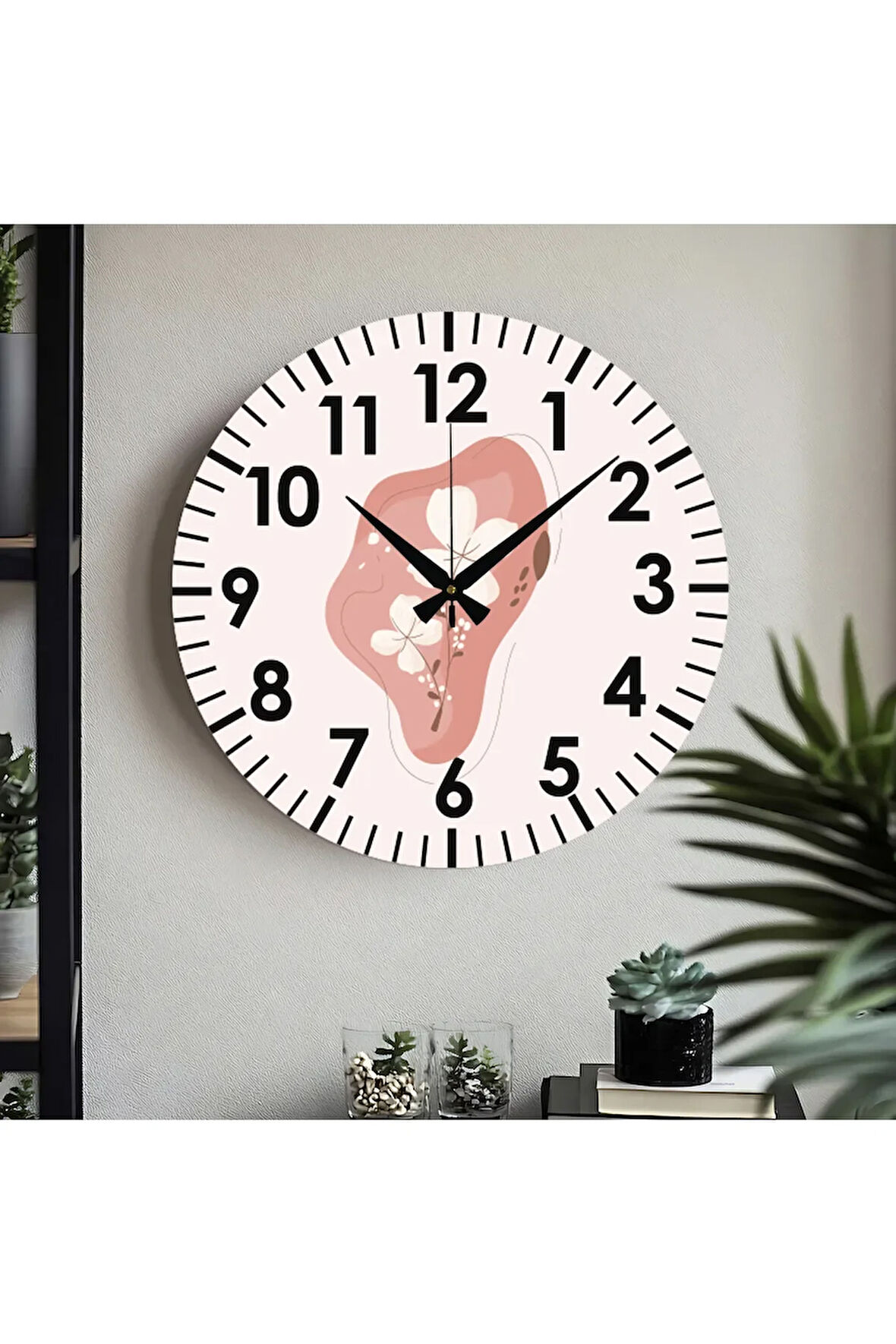 Çiçek desenli Dekoratif Türkçe Rakamlı UV Baskılı Duvar Saati (Sessiz) Akar Mekanizma Metal Akrep