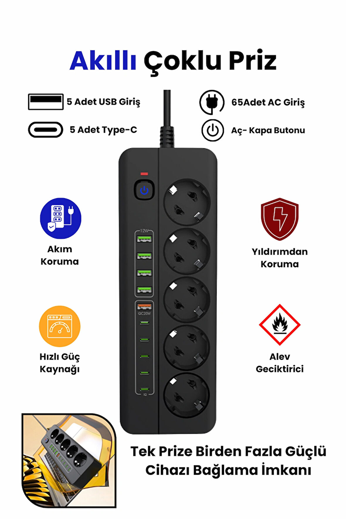 PRO P13 3000W Akım Korumalı 5 Girişli Type-c ve USB Girişli Uzatmalı Grup Priz