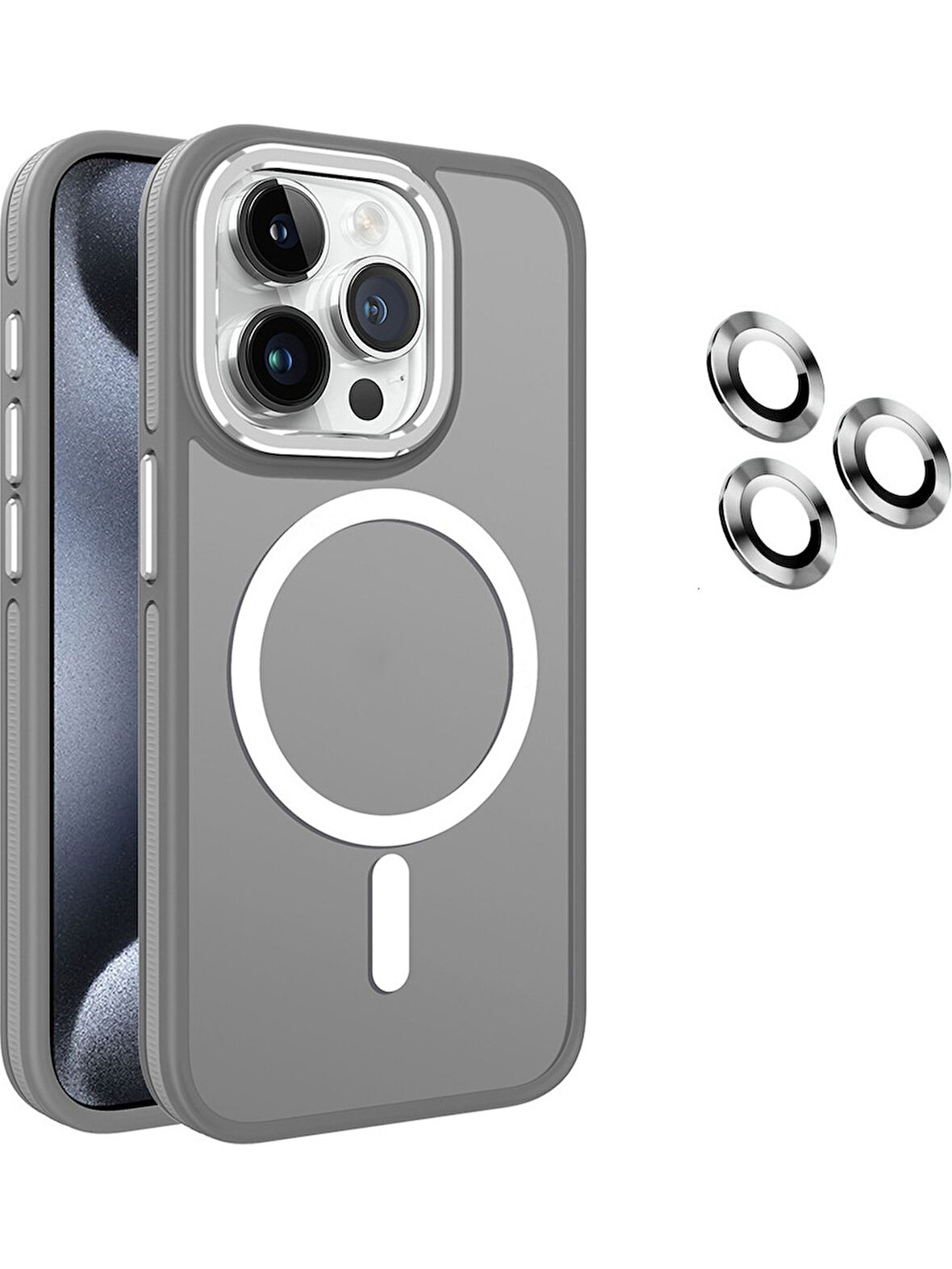İPHONE 15 UYUMLU MAGSAFE ÖZELLİKLİ SERT KAPAK LENS KORUMA GRİ