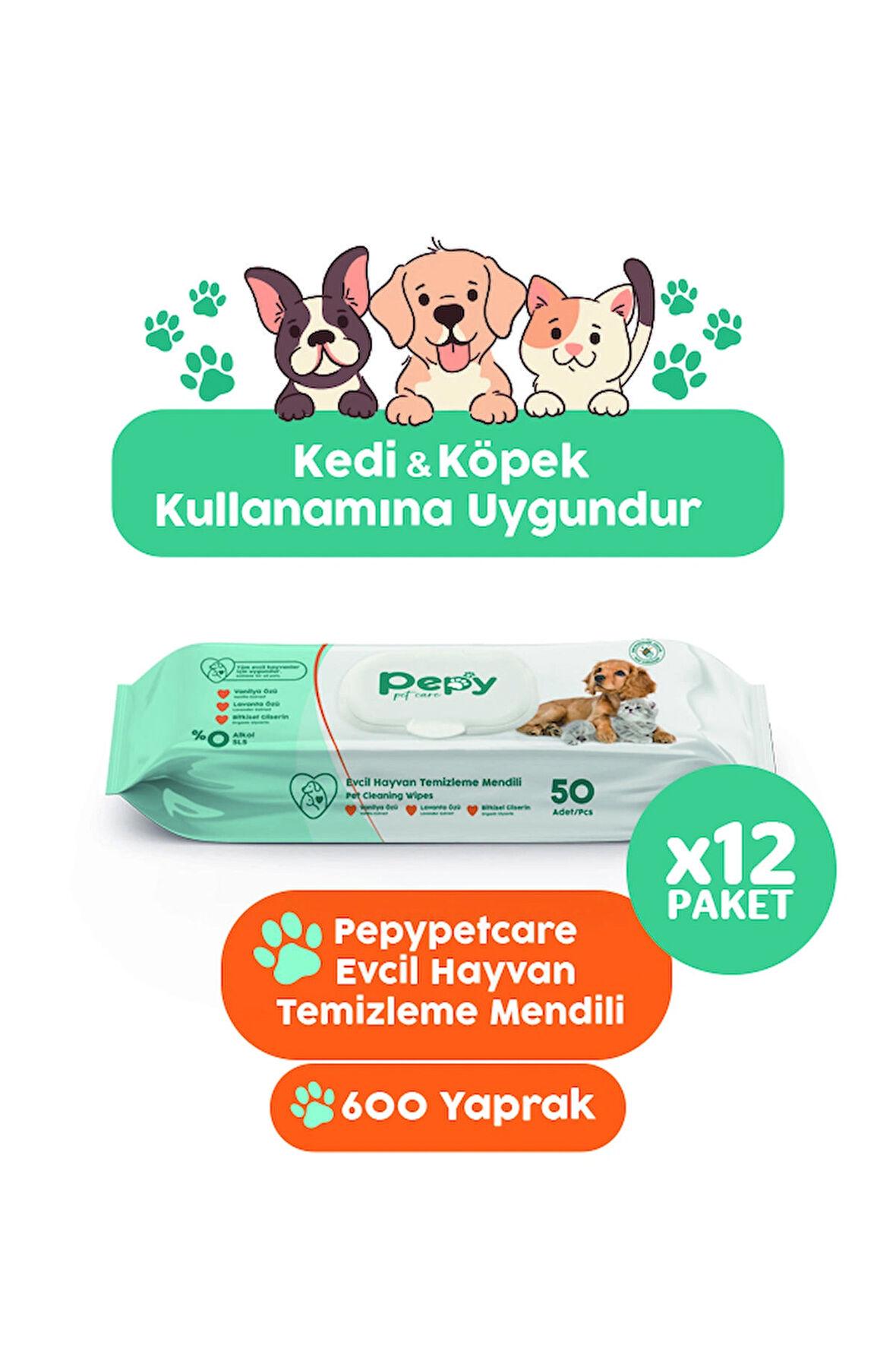 Kedi Ve Köpek Kullanımına Uygun Evcil Hayvan Temizleme Mendili 12 paket 600 Adet