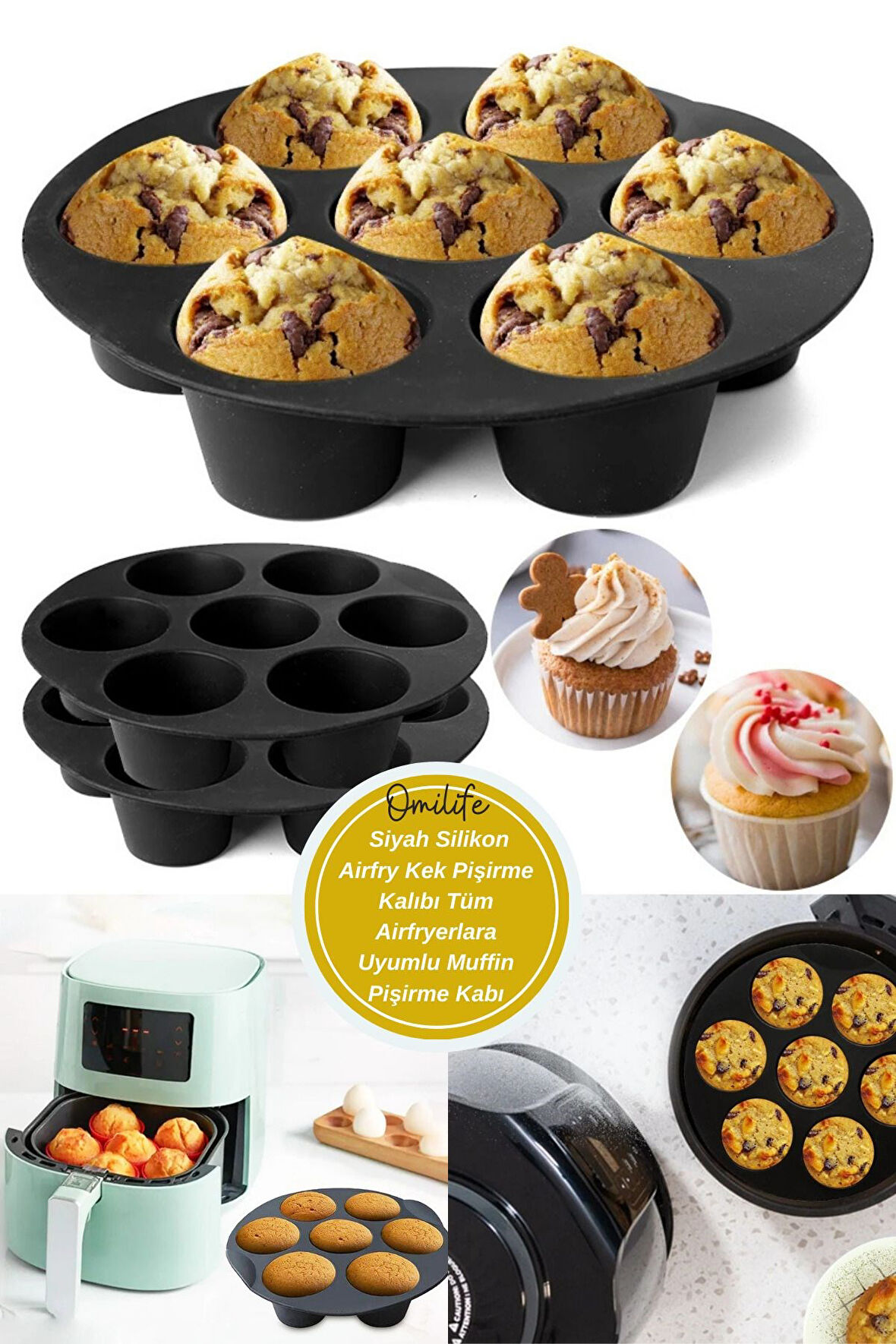 Siyah Silikon Airfry Kek Pişirme Kalıbı Tüm Airfryerlara Uyumlu Muffin Pişirme Kabı