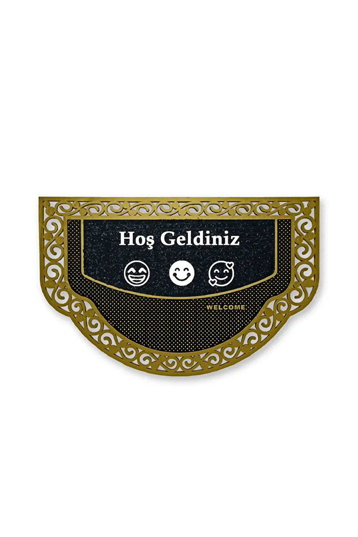 Yarım Ay Modeli Hoş Geldiniz Yazlı Gülen emoj Desenli  Kapı Önü Paspası Altın Rengi