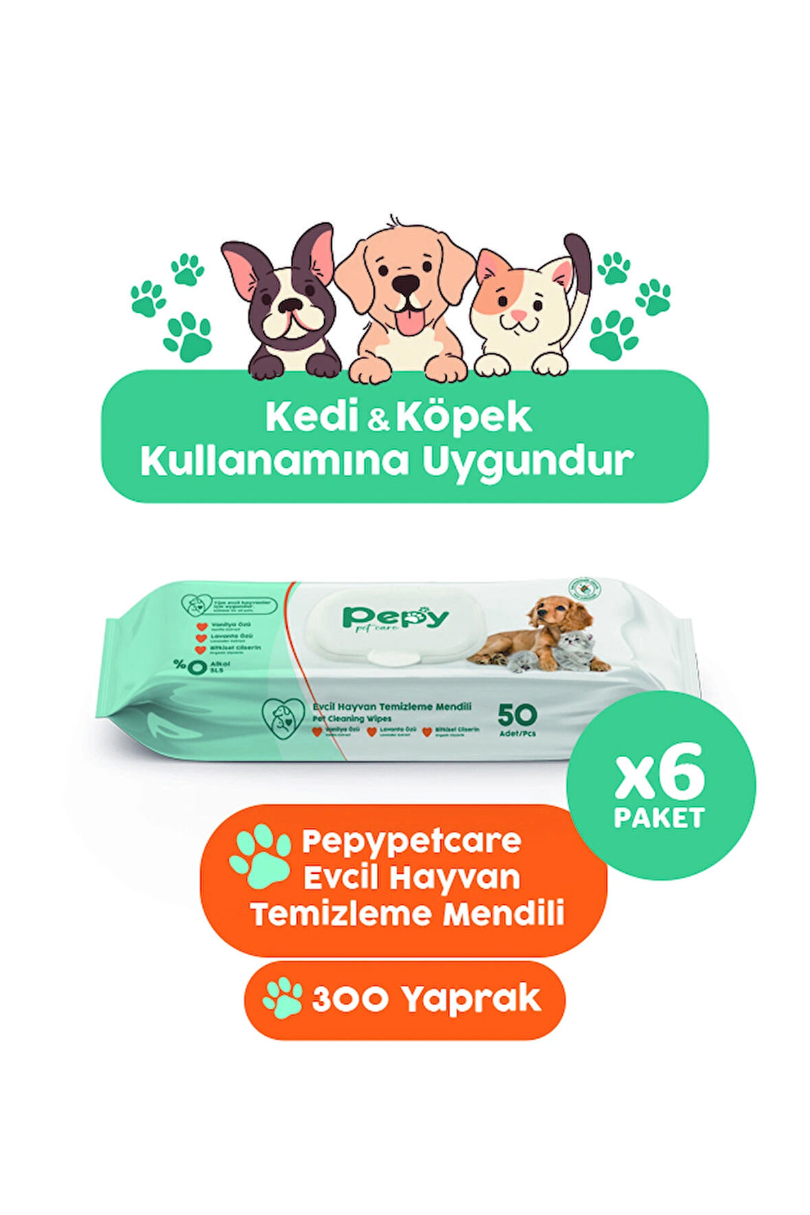 Kedi Ve Köpek Kullanımına Uygun Evcil Hayvan Temizleme Mendili 6 paket 300 Adet