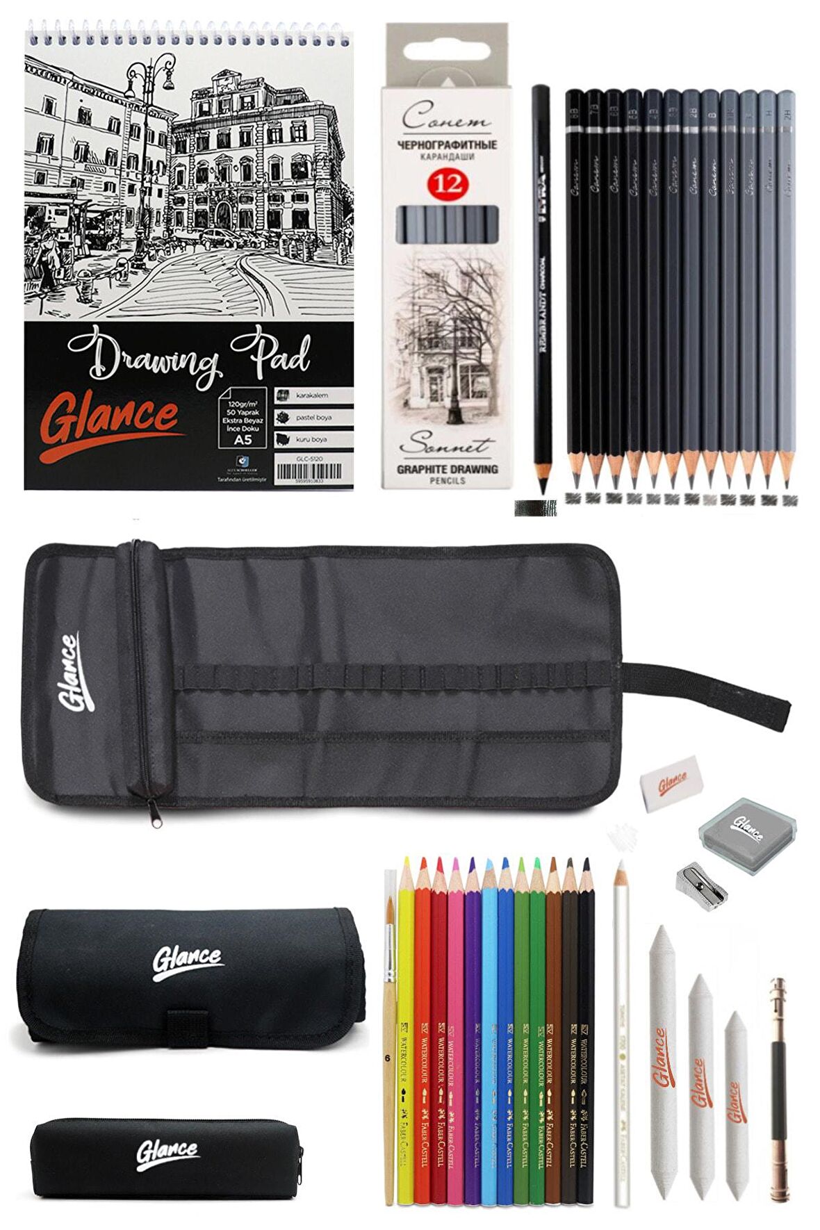 Eskiz Defteri St.petersburg Dereceli Kalem Sulu Kuruboya Kalemi Çantalı Eskiz Set