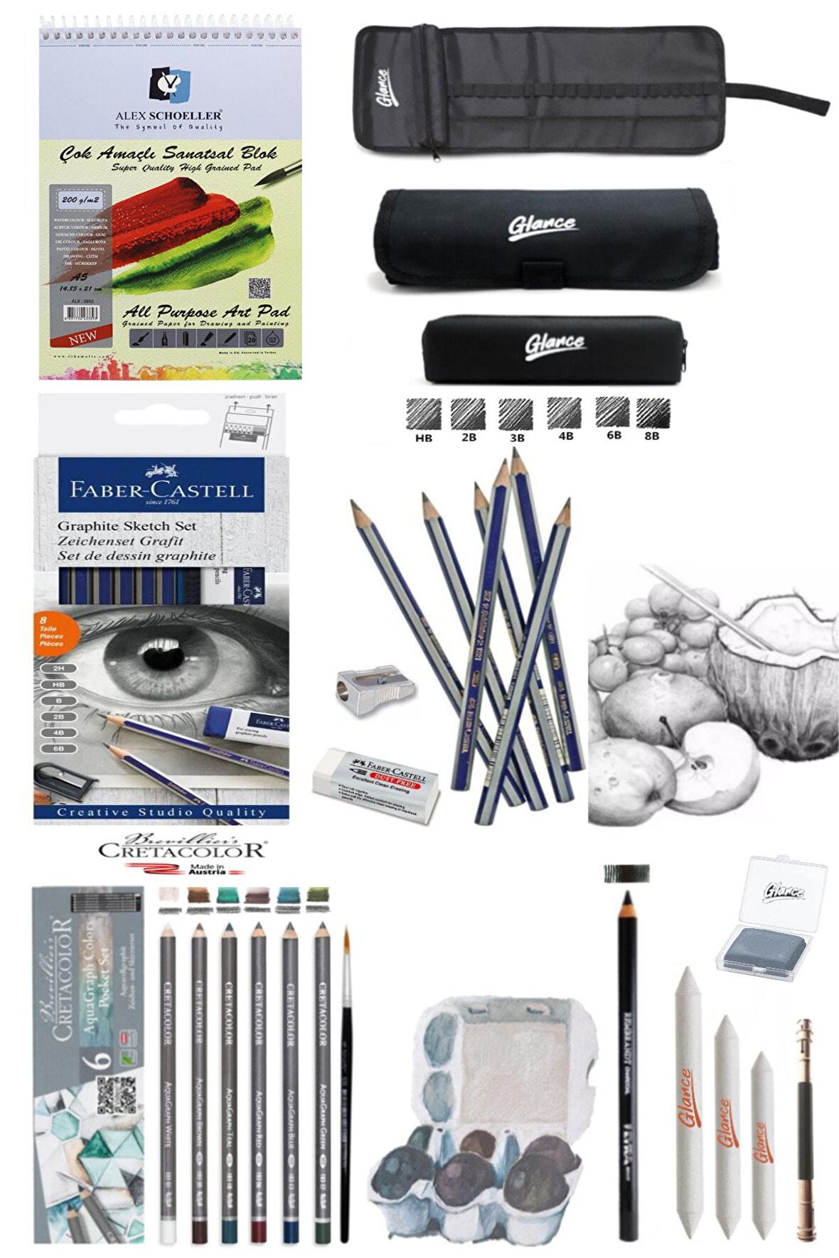 Alex Schoeller 200gr A5 20 Yaprak Cretacolor 6'lı Aquarell Sulandırılabilir Dereceli Eskiz Set