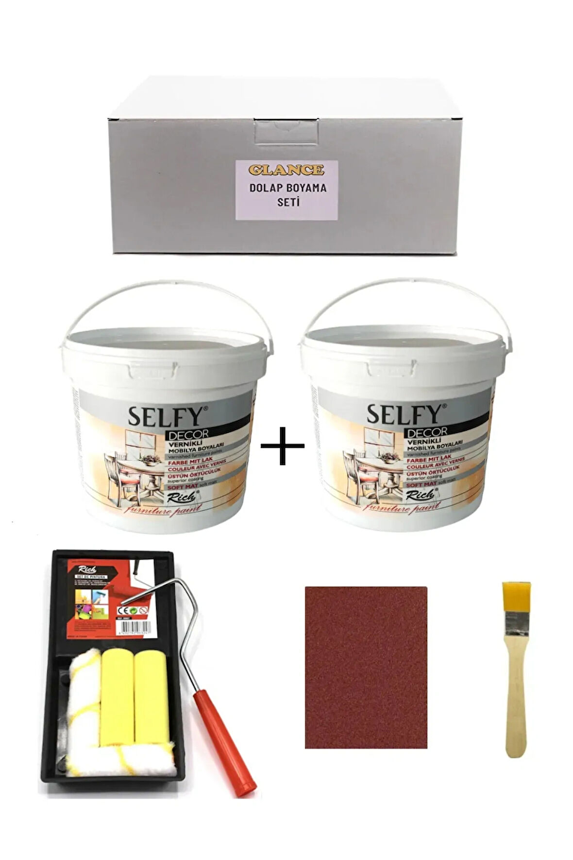 Rich Selfy Decor 1 X2 Kg Beyaz Akrilik Kendinden Vernikli Rulo Fırça Tavalı Genel Amaçlı Boyama Set