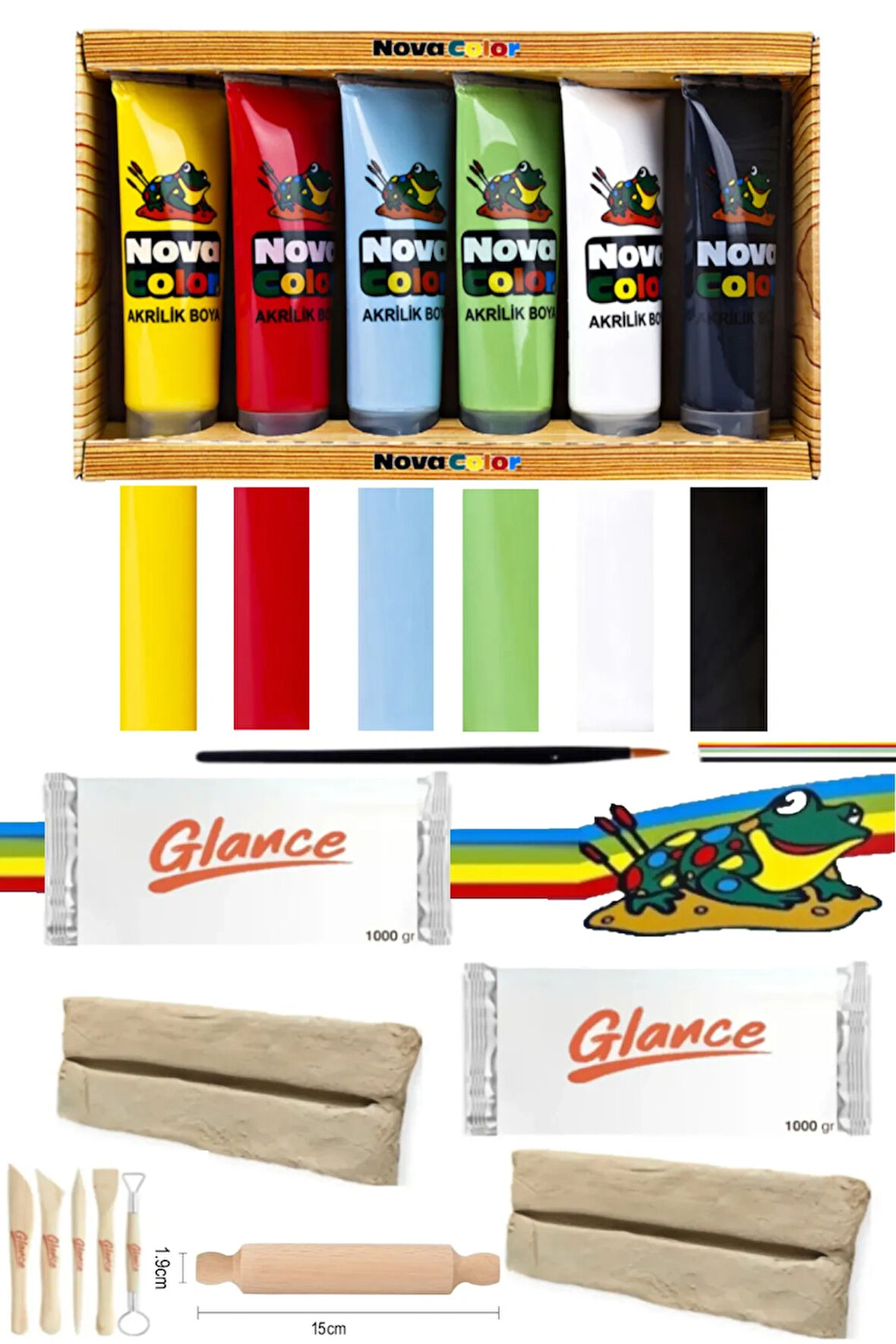 Nova Color Akrilik Boya 6*75 ml Doğal Seramik Hamuru 1000Grx2 Gr Merdane Set