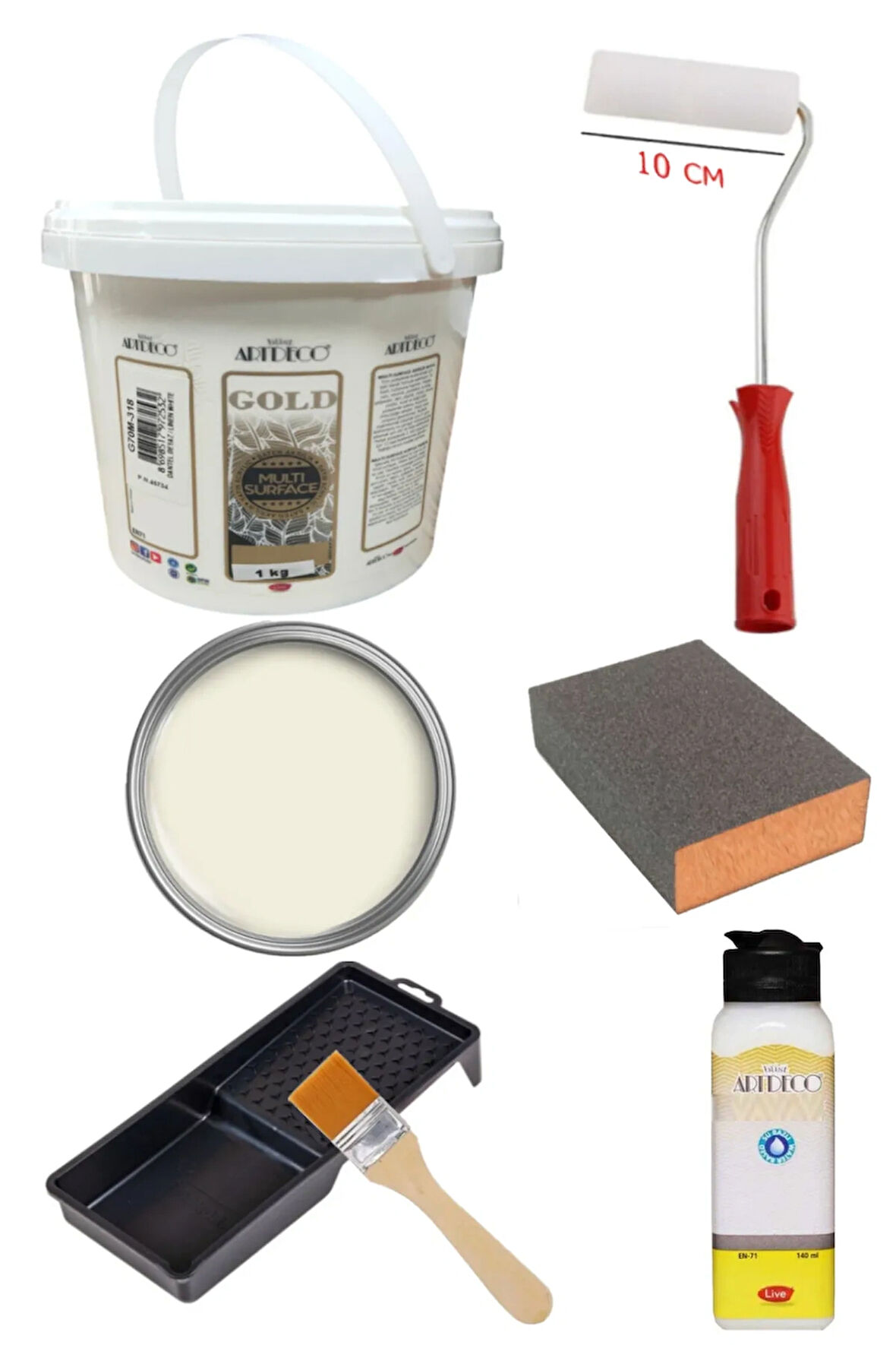 Artdeco Multi Surface Akrilik Boya 1 KG Dantel Beyaz Rulo ve Tavalı Rulo Ekstra Mat Vernik 140 ml