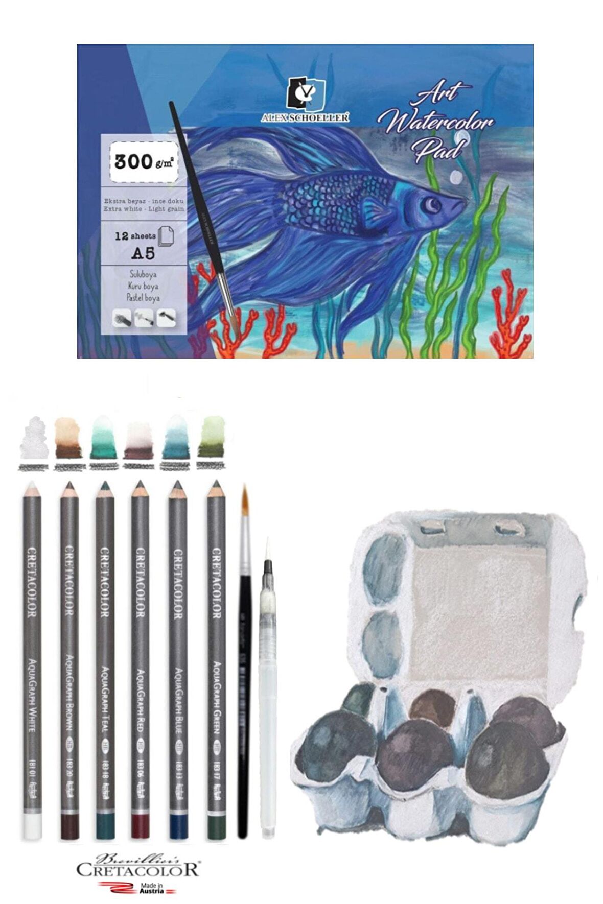 Alex Schoeller A5 300 Gr 12 Yaprak Cretacolor 6'lı Aquarell Sulandırılabilir Fırçalı Eskiz Set