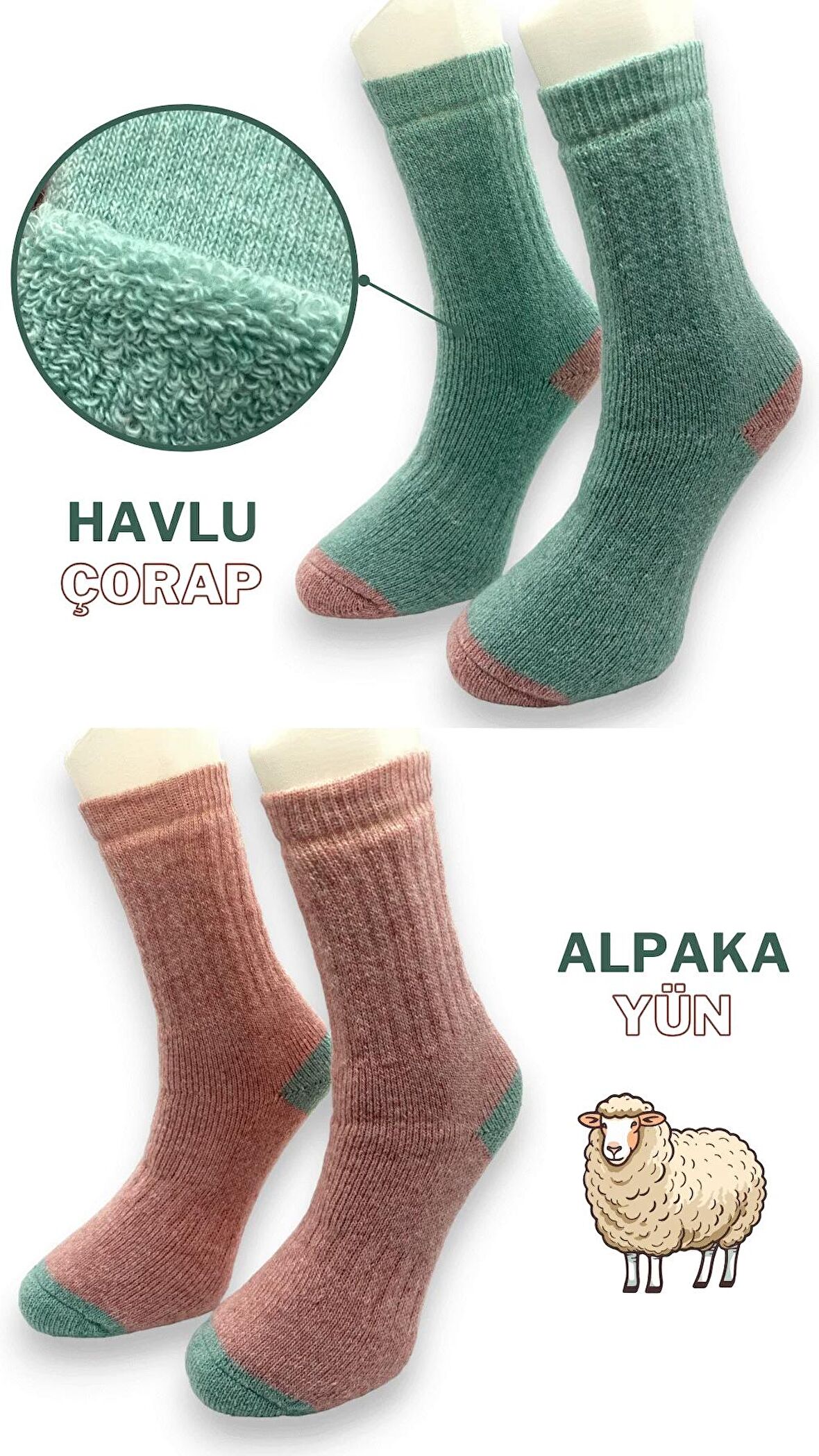 CİHO SOCKS Premium 2 Çift Kadın Alpaka Yünlü Yumuşak Yıkamalı Norveç Tipli Termal Soket Çorap