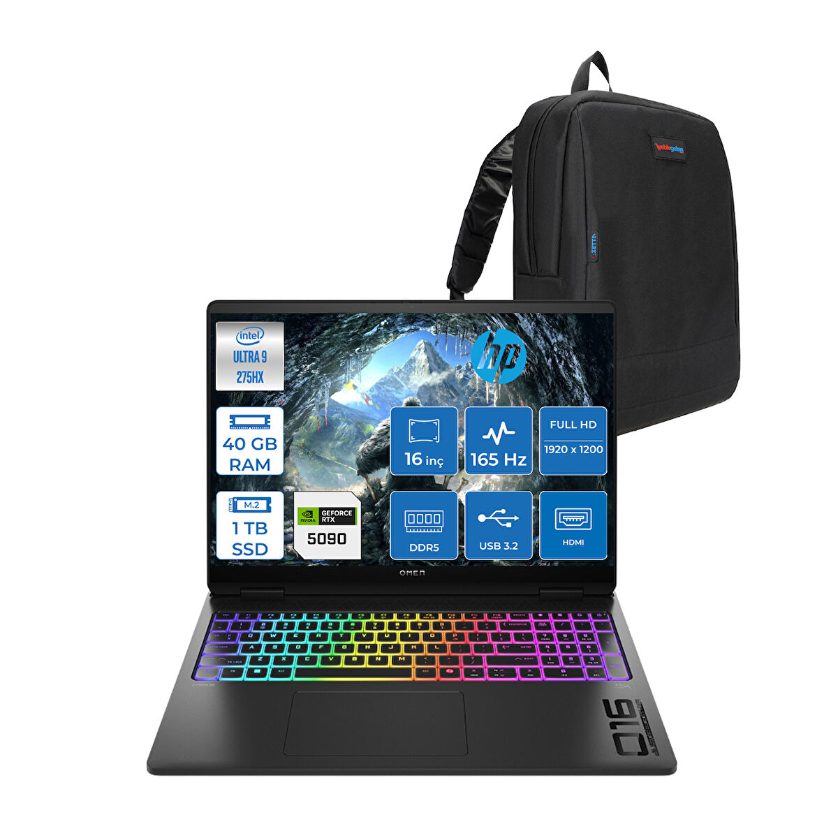 Hp Omen Max 16-AH0005NT Intel Core Ultra 9 275HX 40GB Ddr5 1tb SSD 24GB Nvıdıa RTX5090 16 Inç Full Hd+ 165Hz 3ms IPS Freedos Siyah OB92QNEAF01 + Zetta Çanta