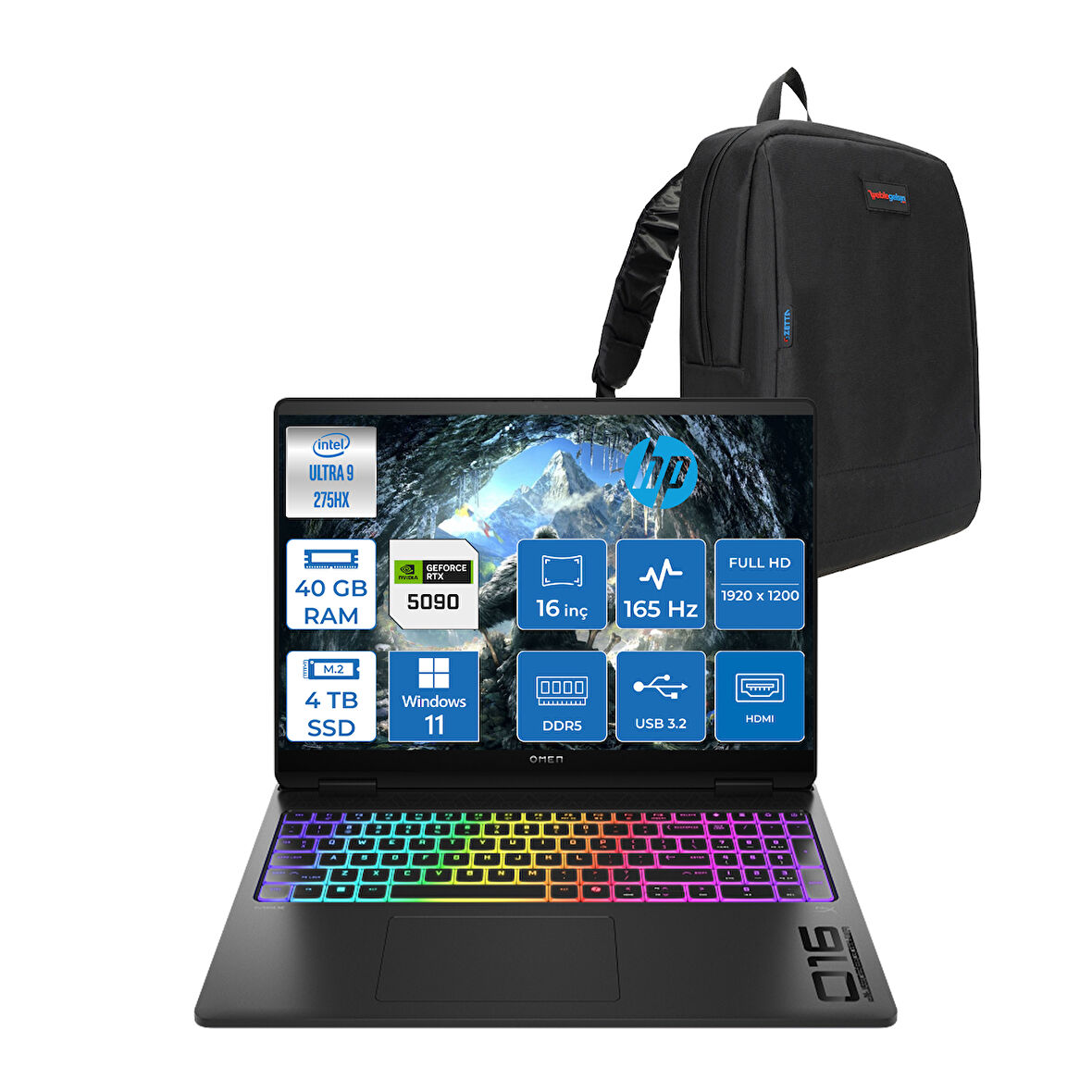 Hp Omen Max 16-AH0005NT Intel Core Ultra 9 275HX 40GB Ddr5 4tb SSD 24GB Nvıdıa RTX5090 16 Inç Full Hd+ 165Hz 3ms IPS Windows 11 Pro Siyah OB92QNEAP03 + Zetta Çanta