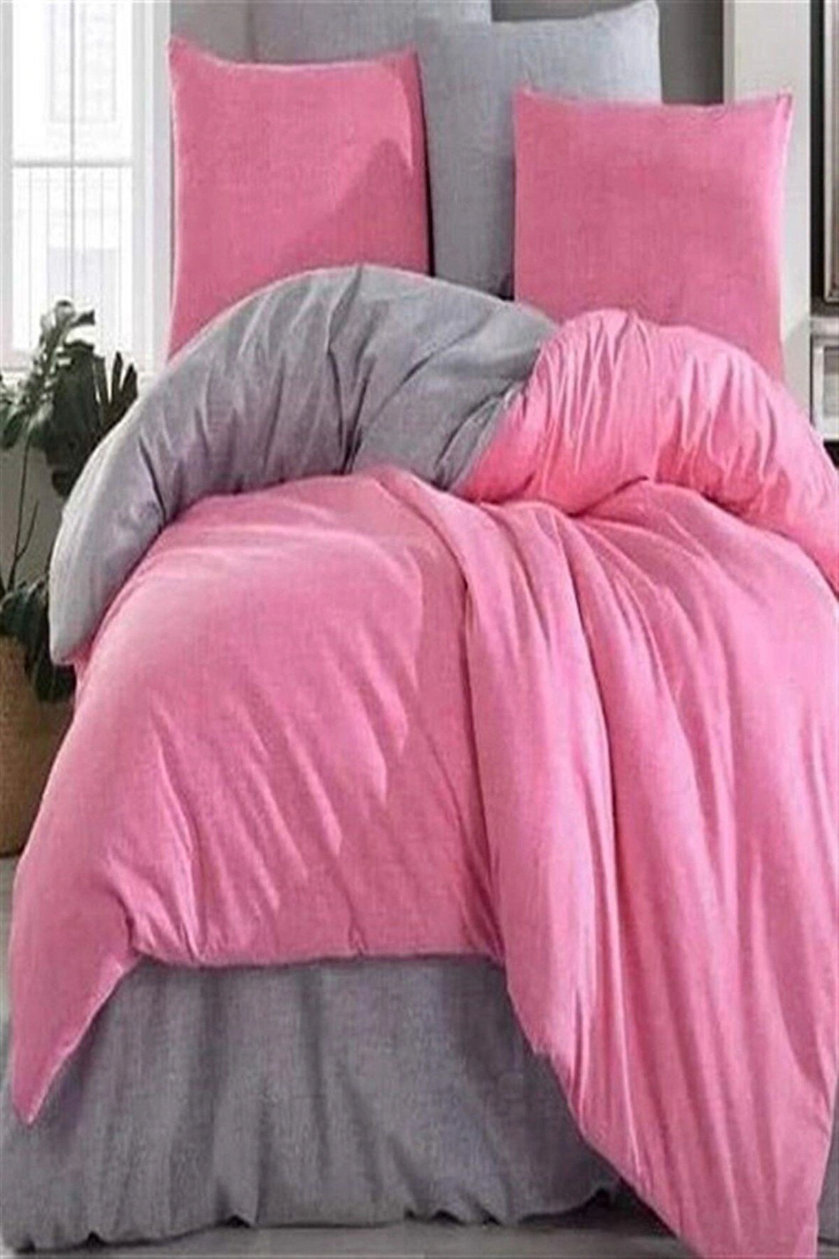 More Home Çift Kişilik Pamuklu Nevresim Takımı  Fuşya Antrazit