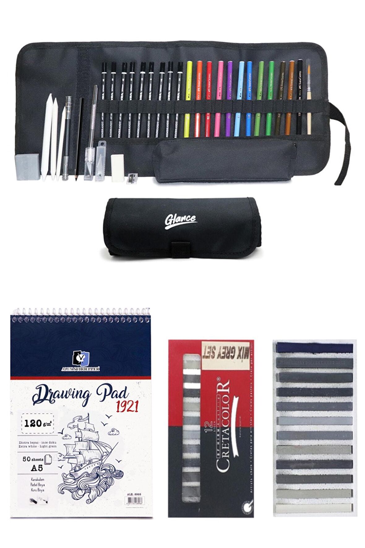Alex Schoeller A5 Eskiz Defterli Cretacolor Toz Pastel Gri Tonlar Set 12 Li Set