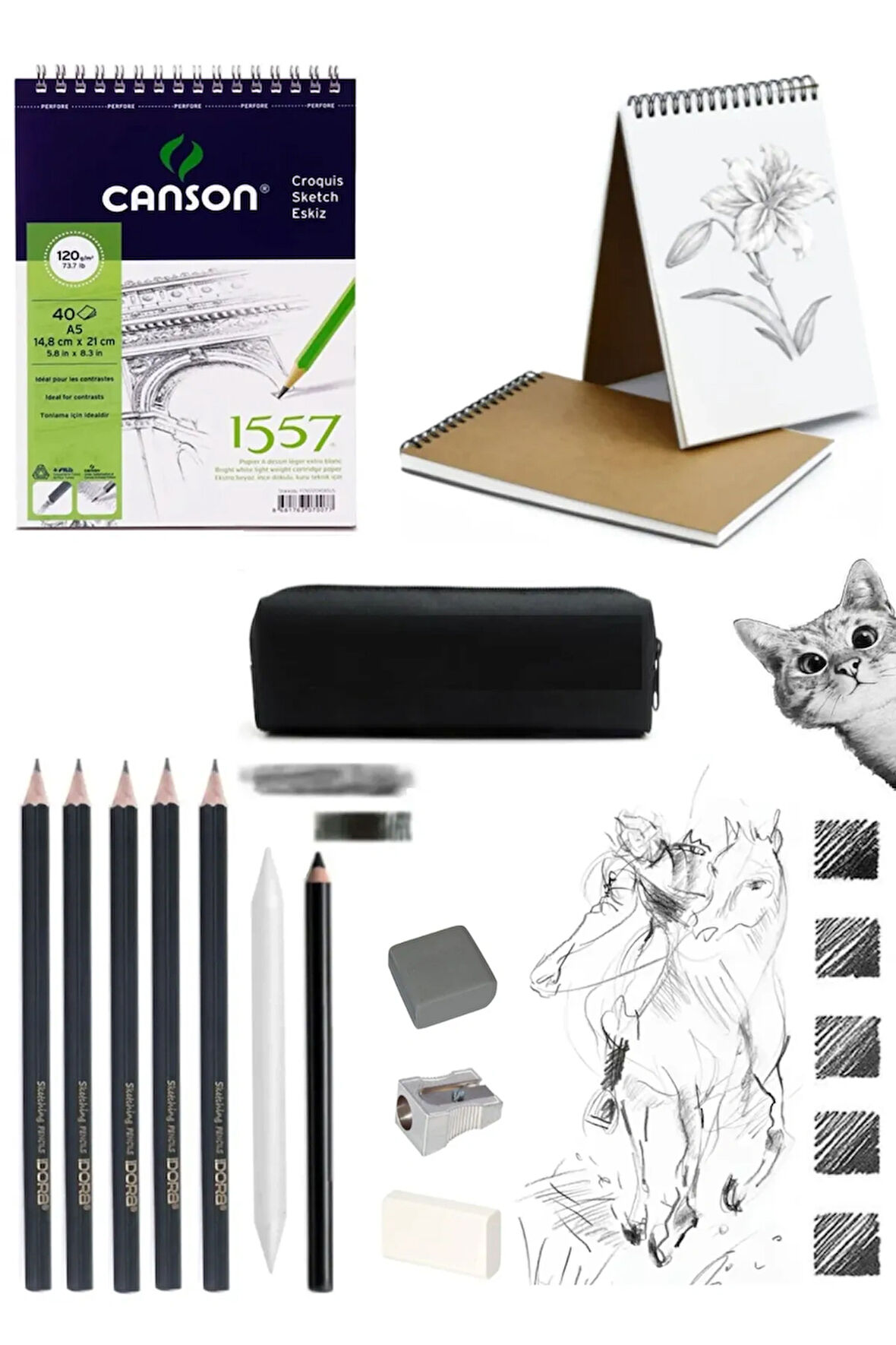 Canson A5 120 Gr 40 Yaprak Eskiz Defteri İdora Sketch Dereceli Kurşun Kalem 12 Parça Eskiz Set