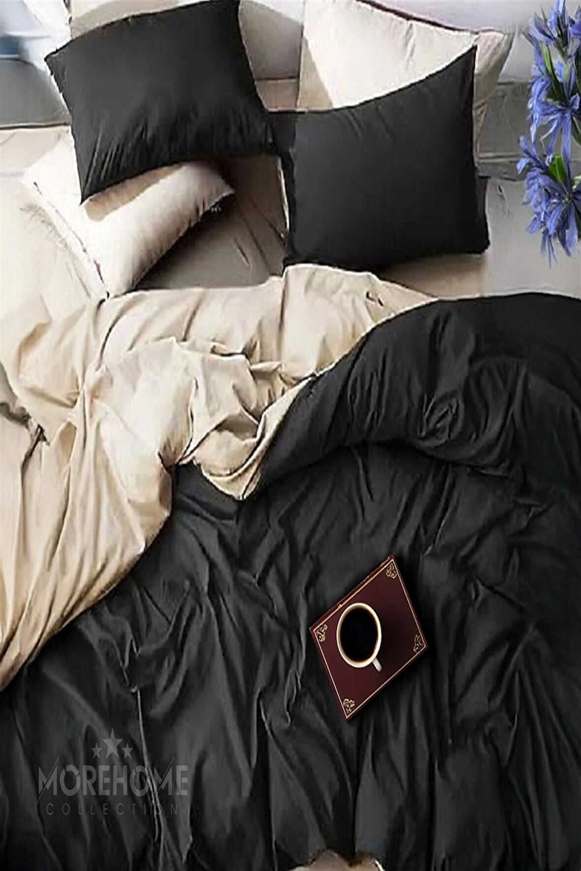 More Home  Lastikli Çarşaflı Çift Kişilik Nevresim Takımı Siyah Bej