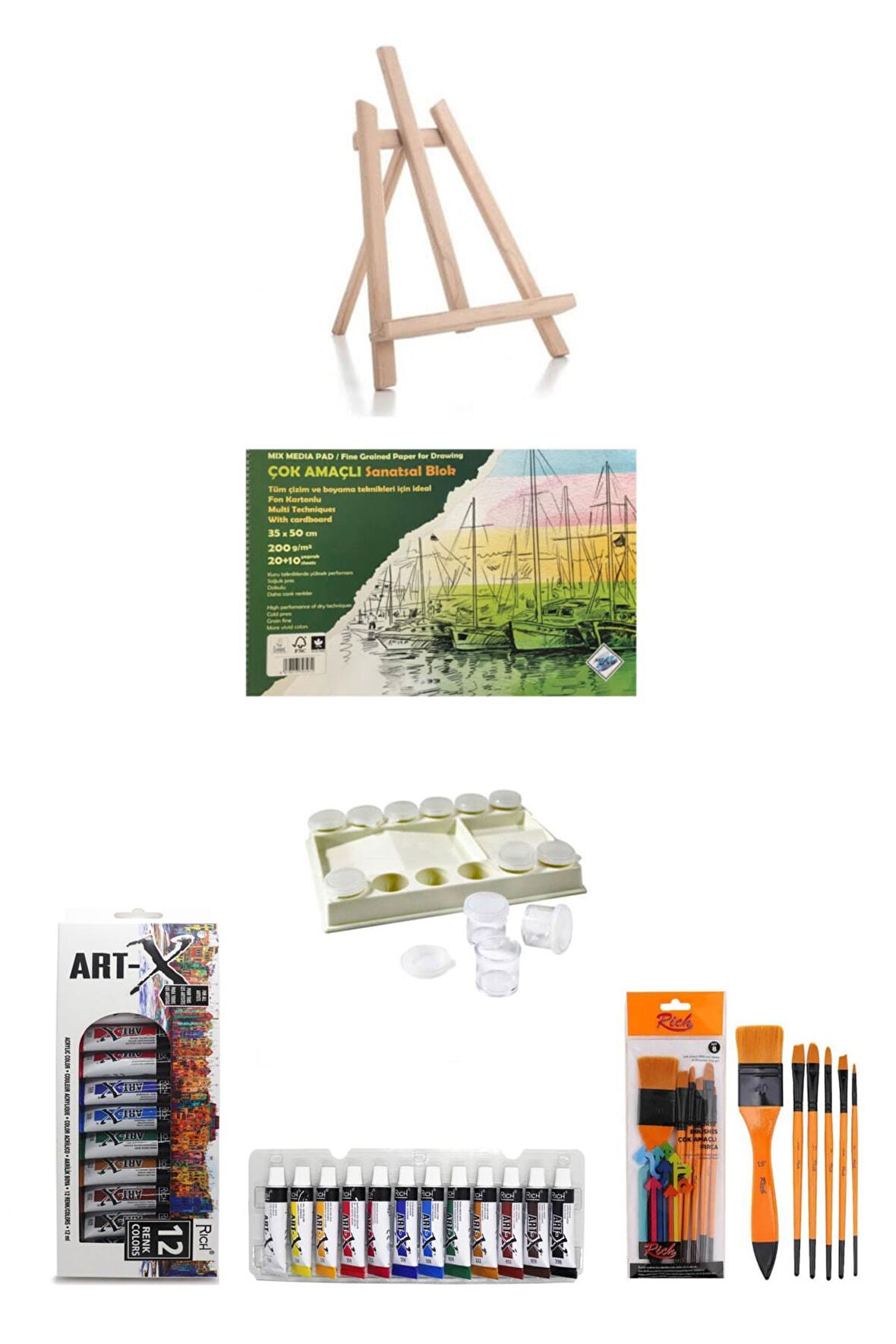 Art-x 12 Ml 12 'li Akrilik Set-orta Boy Şövale-art Liva-zemin Fırçan:8-5 Parça Sanat Seti