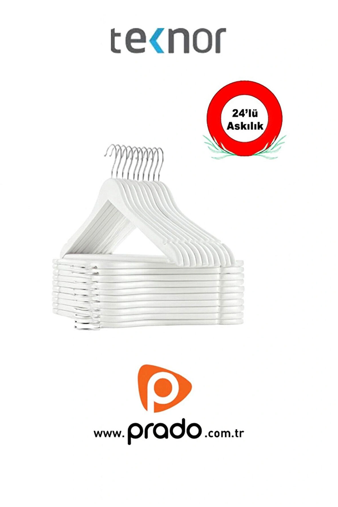 Teknor-Prado 24 Adet Ahşap Görünümlü Plastik A Kalite Beyaz Stil Elbise Askısı