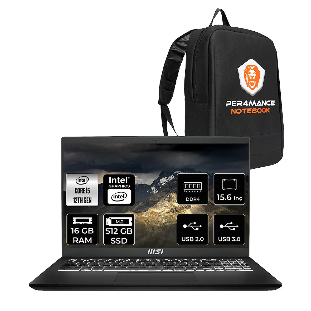 MSI Modern 14 C12MO i7 1255U 16GB 512GB SSD 14" FHD IPS FDOS Taşınabilir Bilgisayar & PER4 ÇANTA