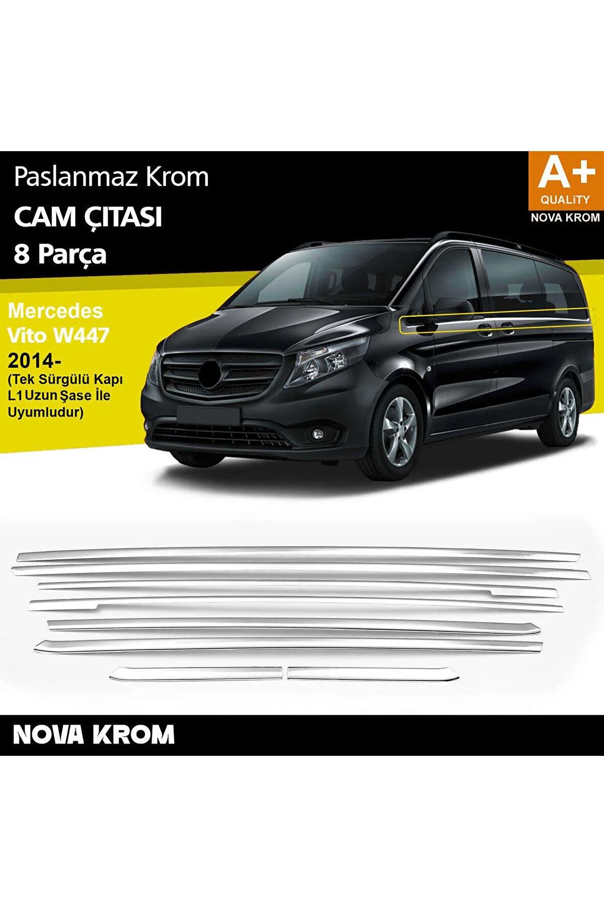 Mercedes Vito W447 Krom Cam Alt Çıtaları 8 Prç. (Tek Sürgülü Kapı-L3 Uzun Şasi) 2014 Üzeri