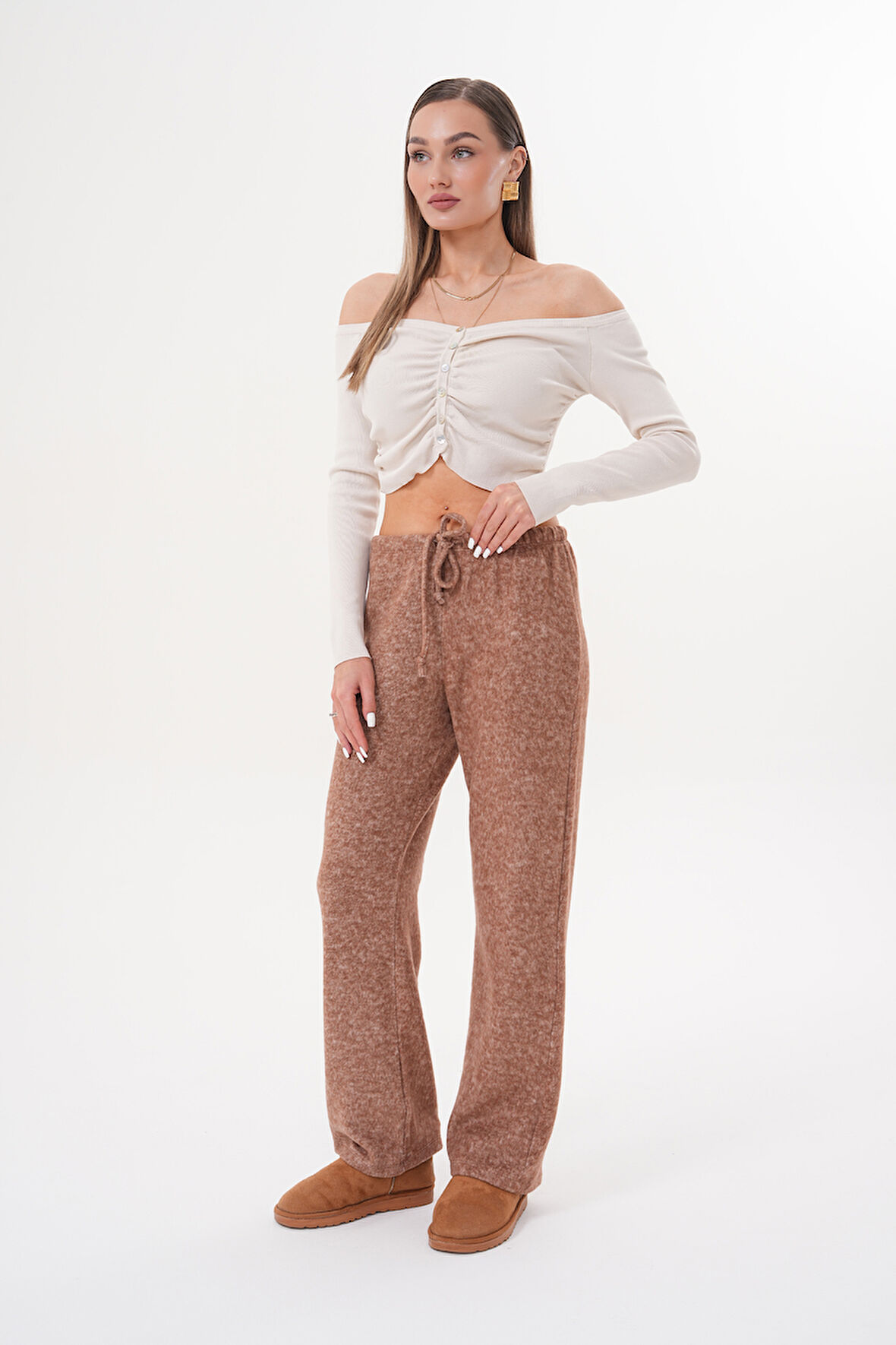 Kadın Yumoş Pantolon Beli Lastikli Cepli Bol Örme Pantolon YUMOŞ PANTOLON