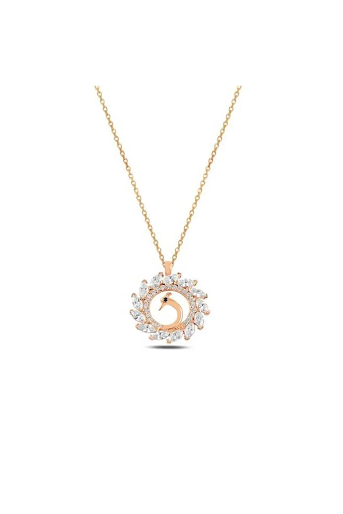 Zirkon Taşlı Rose Renk Yuvarlak Model Zümrüdü Anka Kuşu Gümüş Kolye