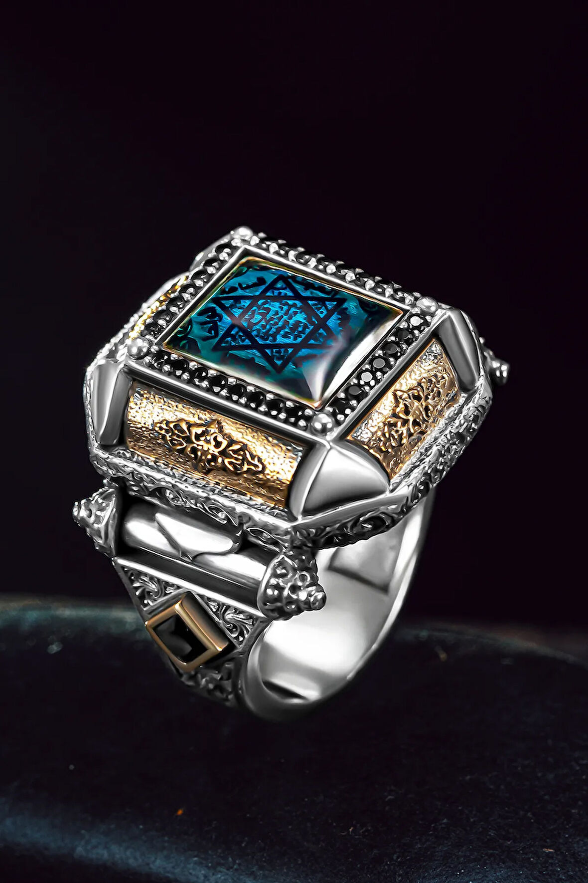 Erkek Gümüş Yüzük - Kehribar Taşı Süleyman Mührü İşlemeli Kare Model Erkek Yüzük