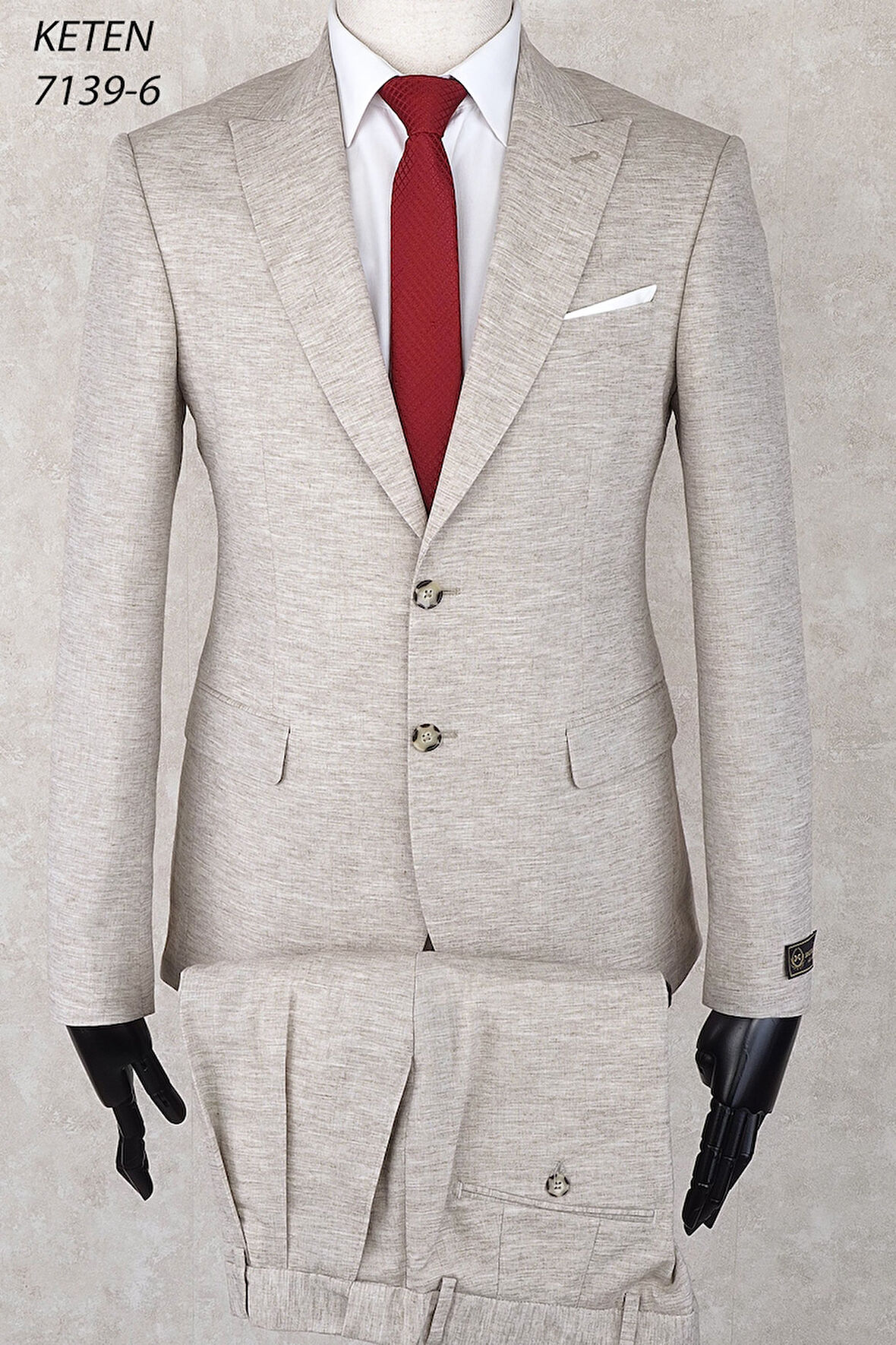 Keten Pileli Pantolon  Slim Fit Sivri  Yaka-Çift Yırtmaç Fileli Astar Drop 6  Takım Elbise