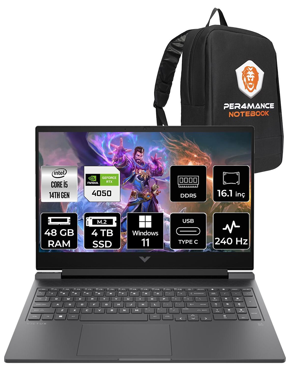 HP VİCTUS 16 i5 14500HX 48GB 4TB SSD RTX4050/6GB 240HZ 16.1'' QHD W11H 9J204EA & PER4 ÇANTA
