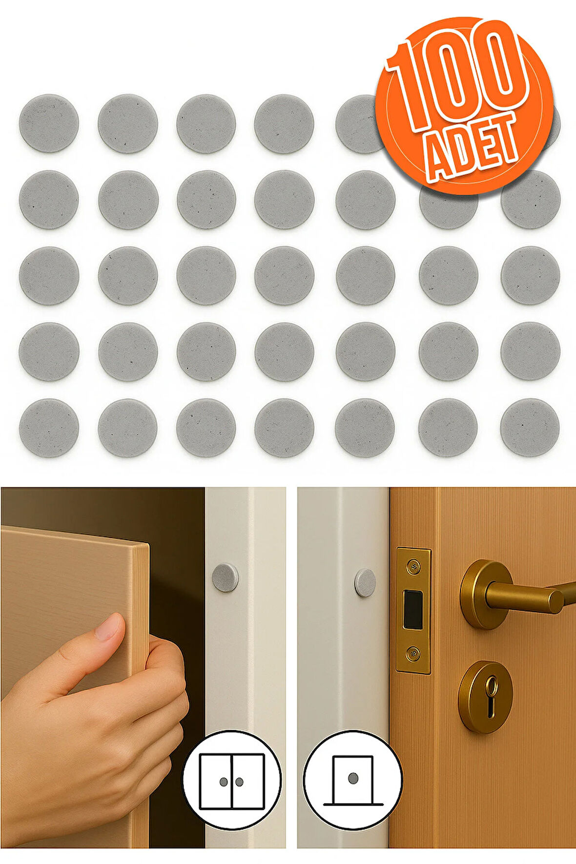 100'lü Yapışkanlı Gri Eva Dolap Çekmece Kapağı Ses Stoperi Tamponu Koruyucu Engelleyici 10 mm