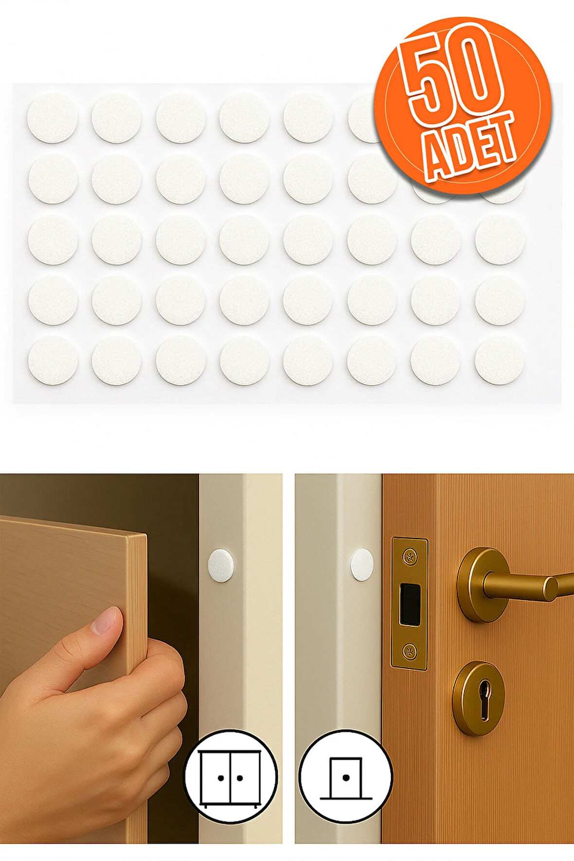 50'li Yapışkanlı Beyaz Eva Dolap Çekmece Kapağı Ses Stoperi Tamponu Koruyucu Engelleyici 10 mm