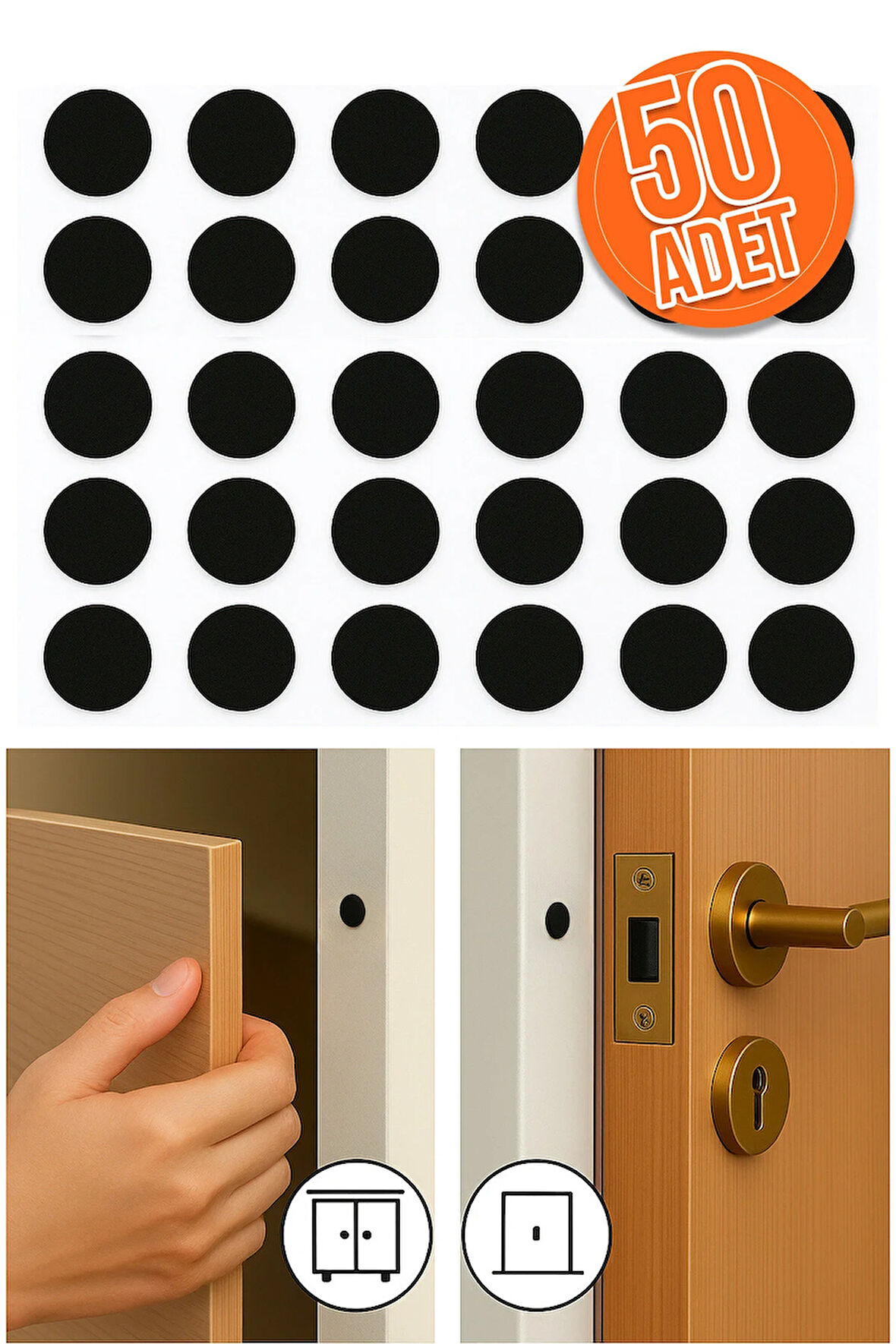 50'li Yapışkanlı Siyah Eva Dolap Çekmece Kapağı Ses Stoperi Tamponu Koruyucu Engelleyici 10 mm