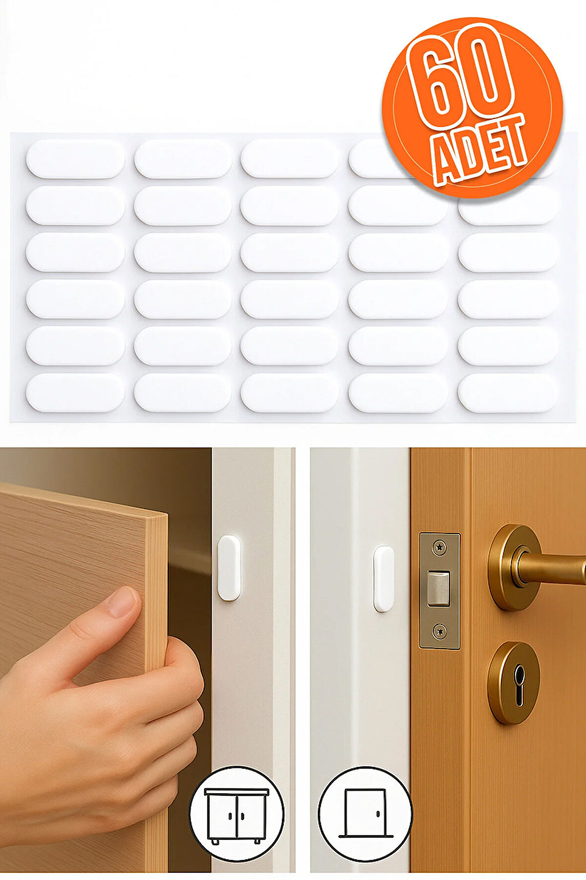 60'lı Yapışkanlı Beyaz Eva Dolap Çekmece Kapağı Ses Stoperi Tamponu Koruyucu Engelleyici 22 mm Oval