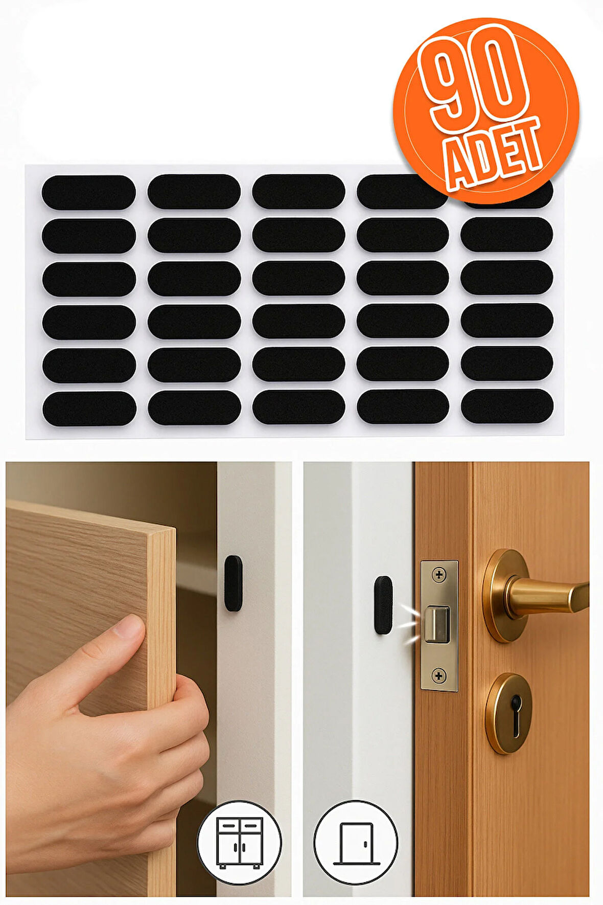 90'lı Yapışkanlı Siyah Eva Dolap Çekmece Kapağı Ses Stoperi Tamponu Koruyucu Engelleyici 22 mm Oval