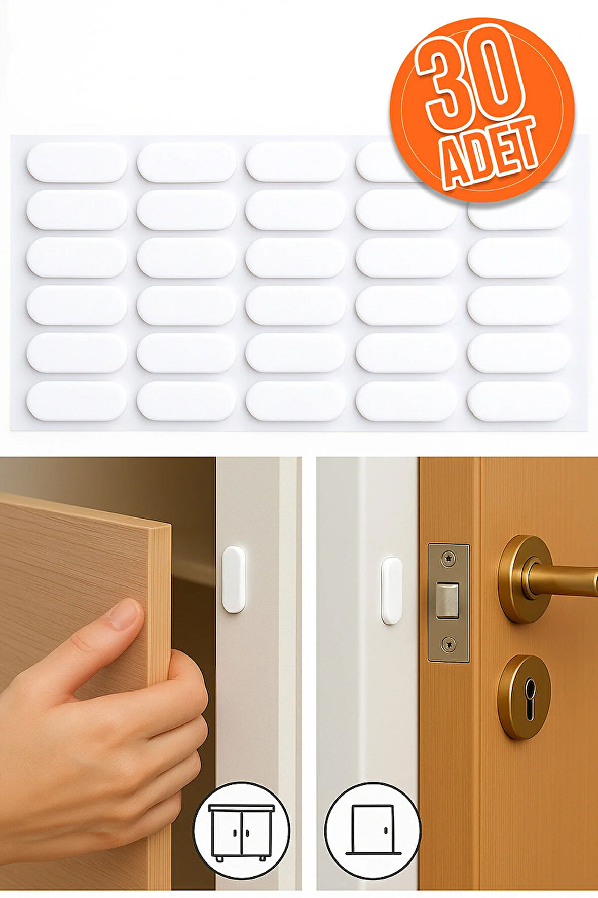 30'lu Yapışkanlı Beyaz Eva Dolap Çekmece Kapağı Ses Stoperi Tamponu Koruyucu Engelleyici 22 mm Oval
