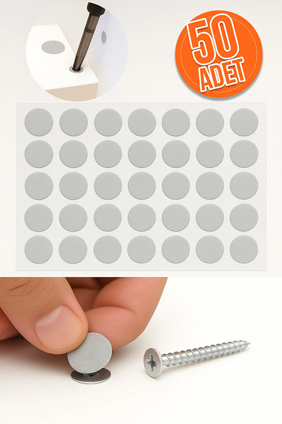 Yapışkanlı Yapıştırma Vida Tapası Tıpası Gri Vida Kapatıcı Kapağı (50 Adet)